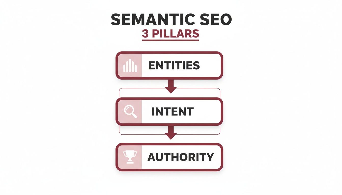 Flowchart depicting the 3 pillars of Semantic SEO: Entities, Intent, and Authority, each with an icon.