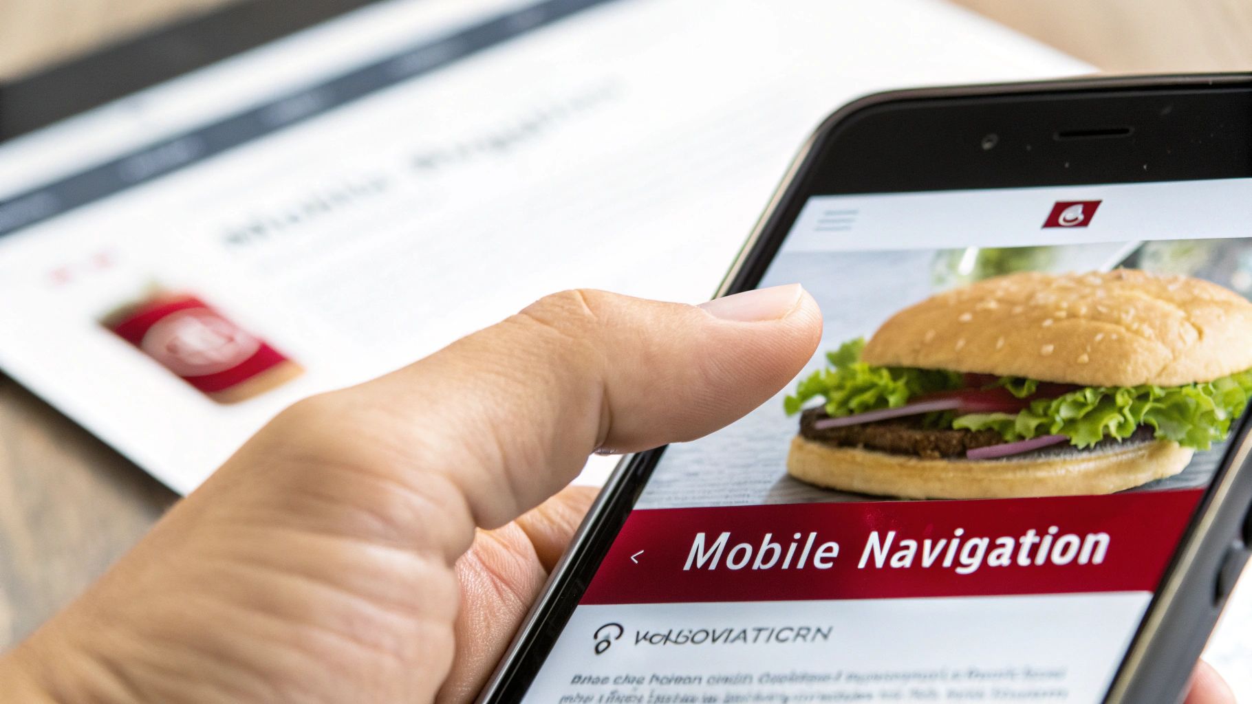 A person's hand holds a smartphone displaying a webpage with a hamburger image and "Mobile Navigation" text, with a blurred screen in the background.