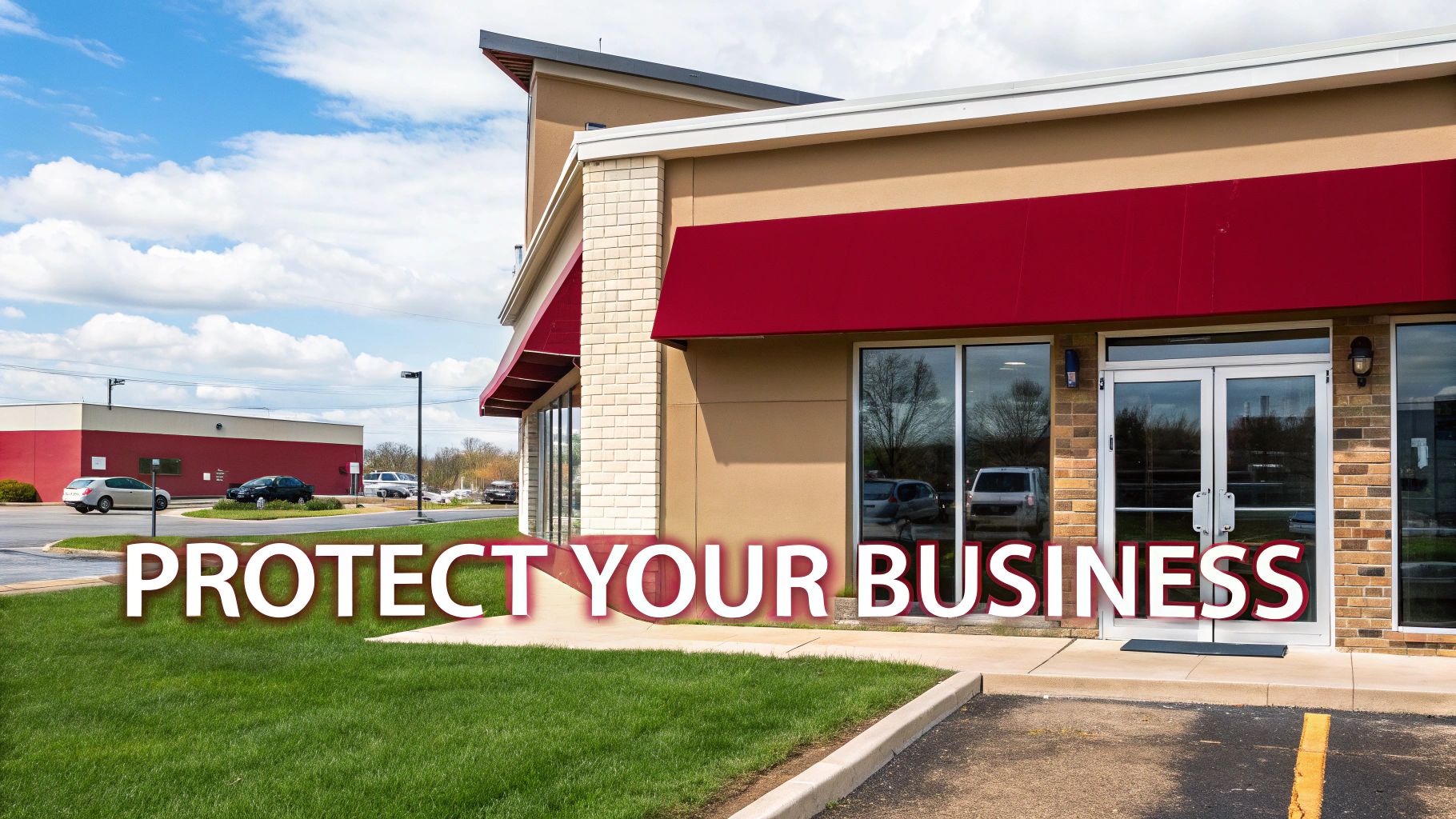 A modern business building with red awnings and a parking lot, emphasizing business protection.