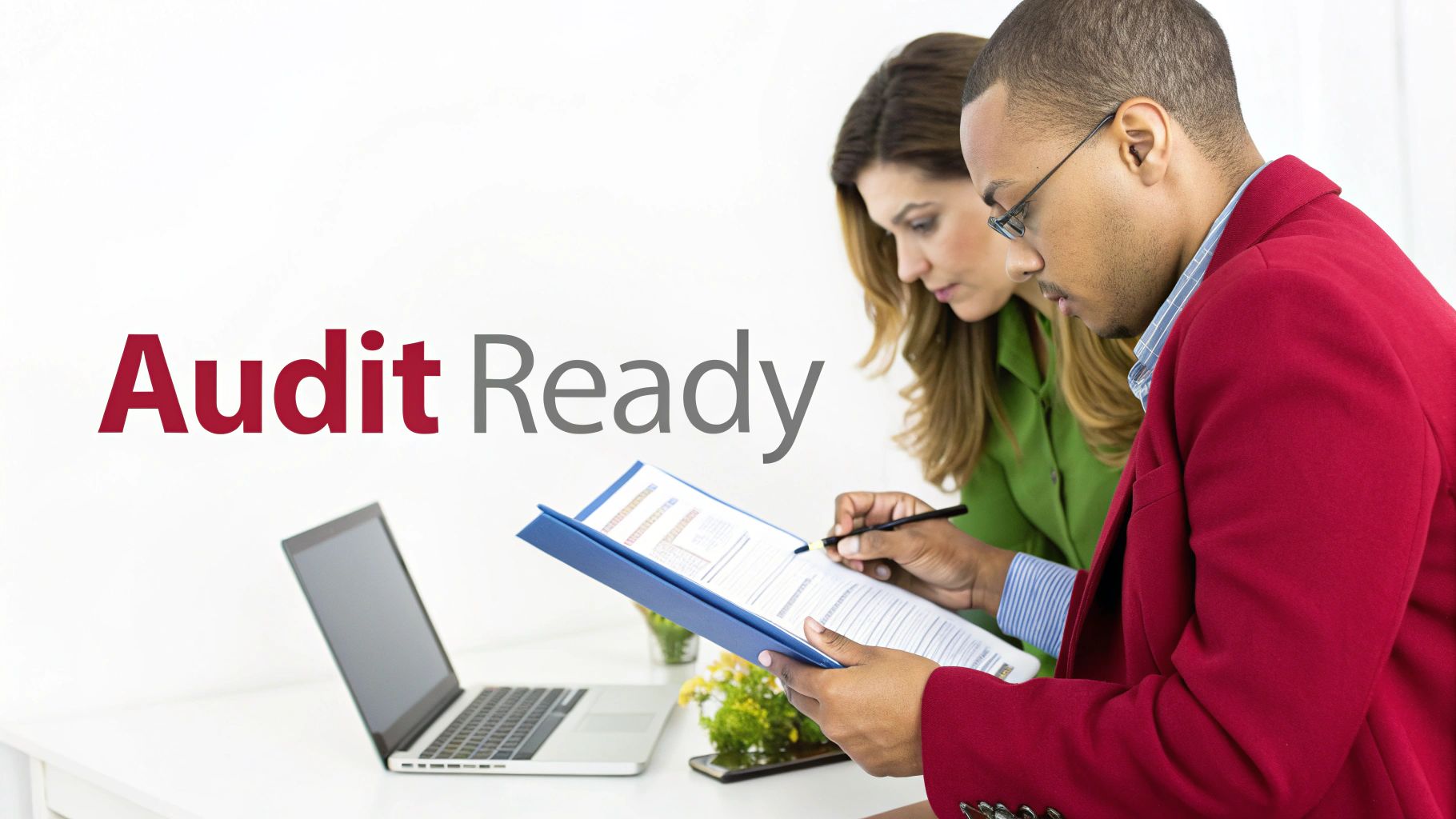 An auditor reviewing documents with a business team in a professional meeting room, symbolising the audit process.