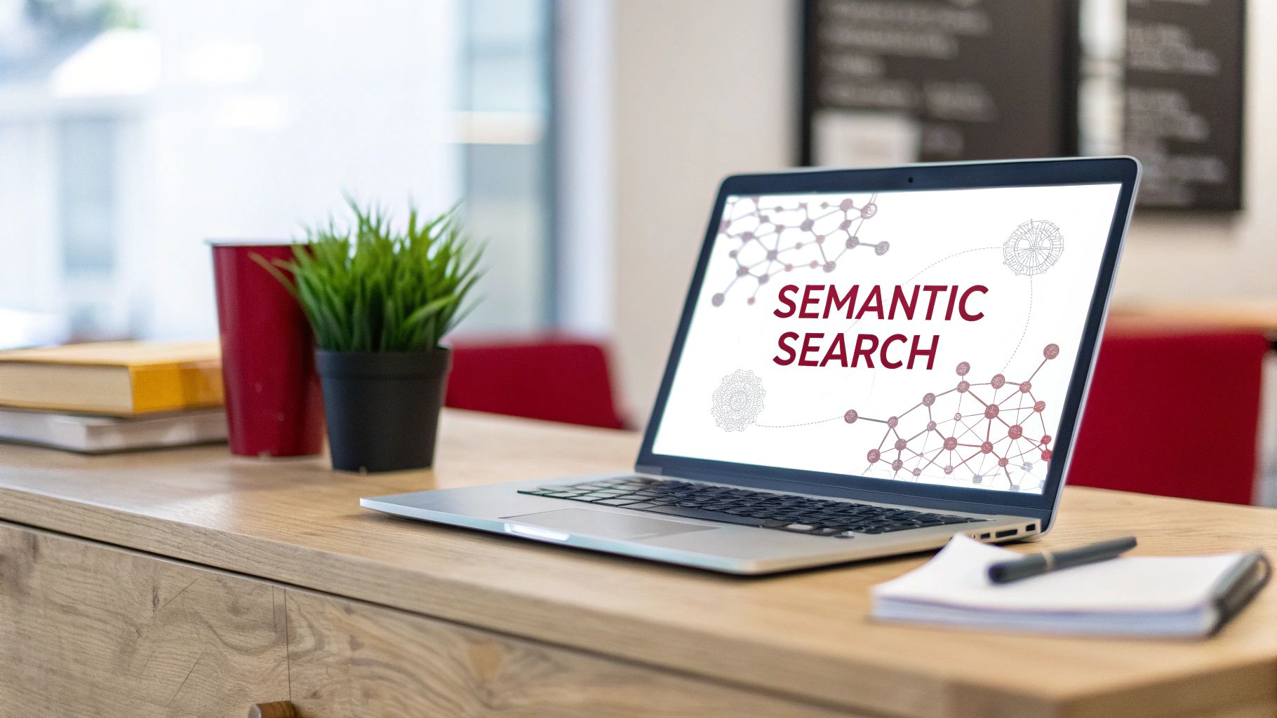 A laptop on a wooden desk displaying 'SEMANTIC SEARCH' with network diagrams, next to books and a plant.