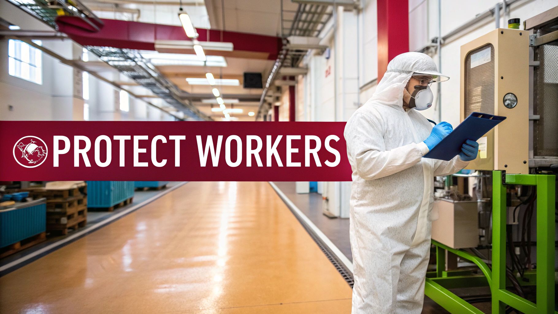 A worker in a hazmat suit, face shield, and mask writes on a clipboard in a factory setting.