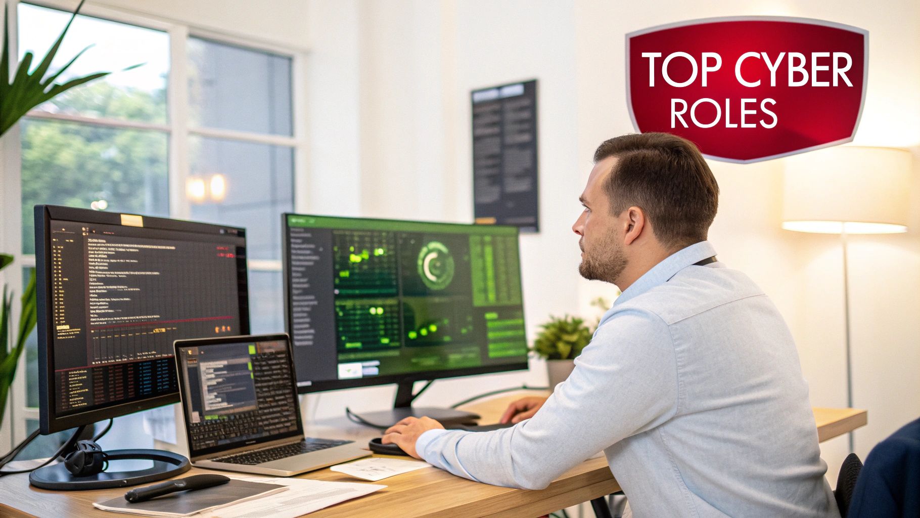 A diverse team of cybersecurity professionals collaborating in a modern Sydney office, with data visualisations on large screens behind them.