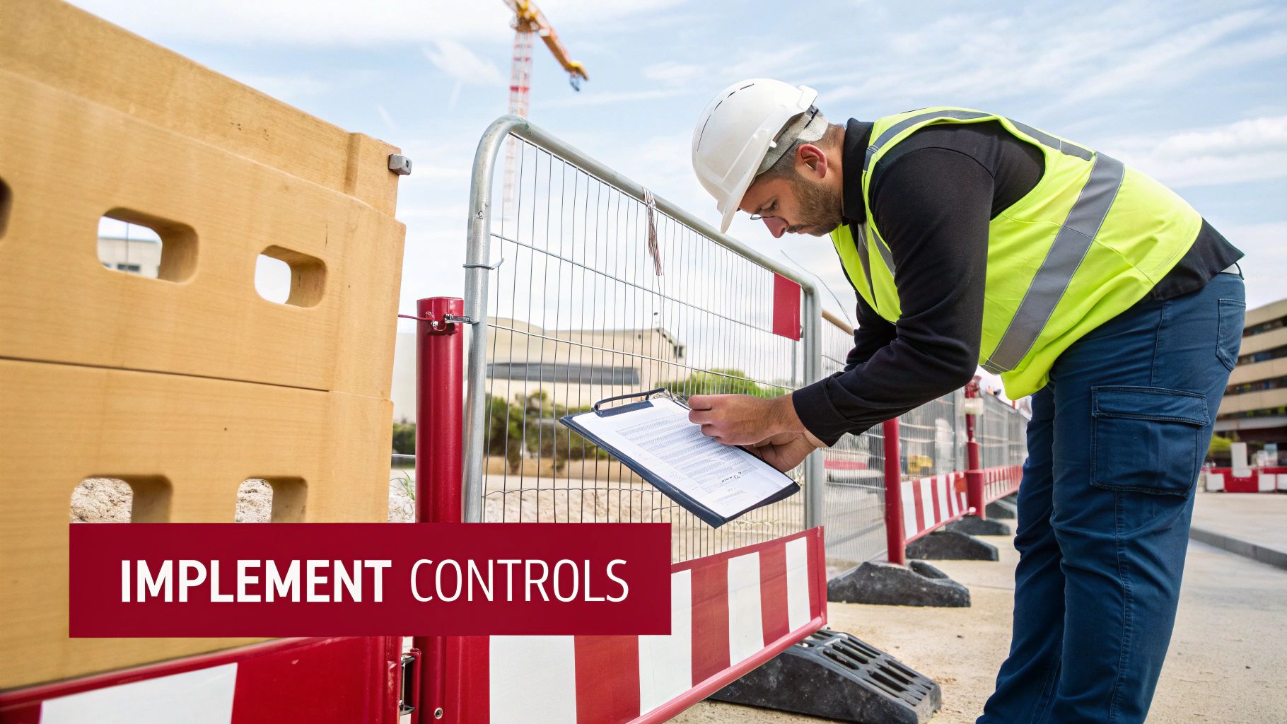 A construction worker in a hard hat and safety vest reviews documents on a clipboard at a building site.