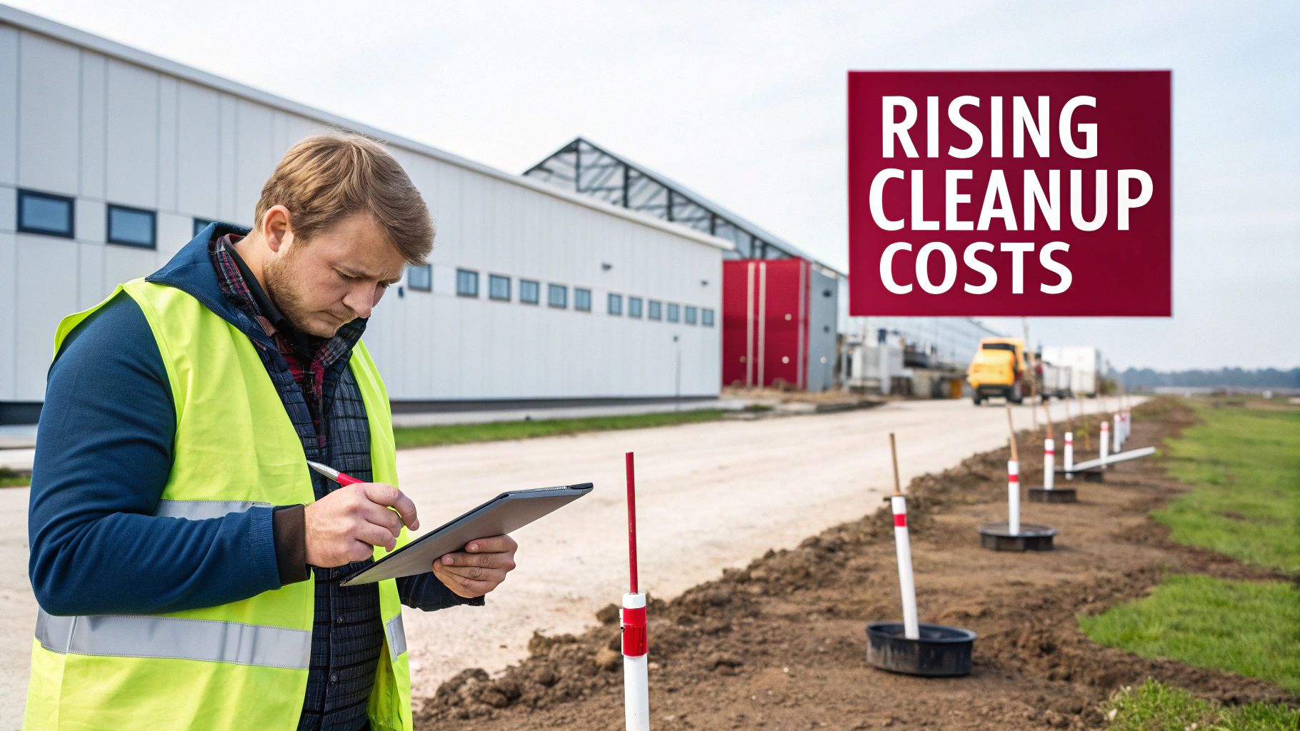 A man in a high-visibility vest inspects a tablet at a construction site with "RISING CLEANUP COSTS" text.