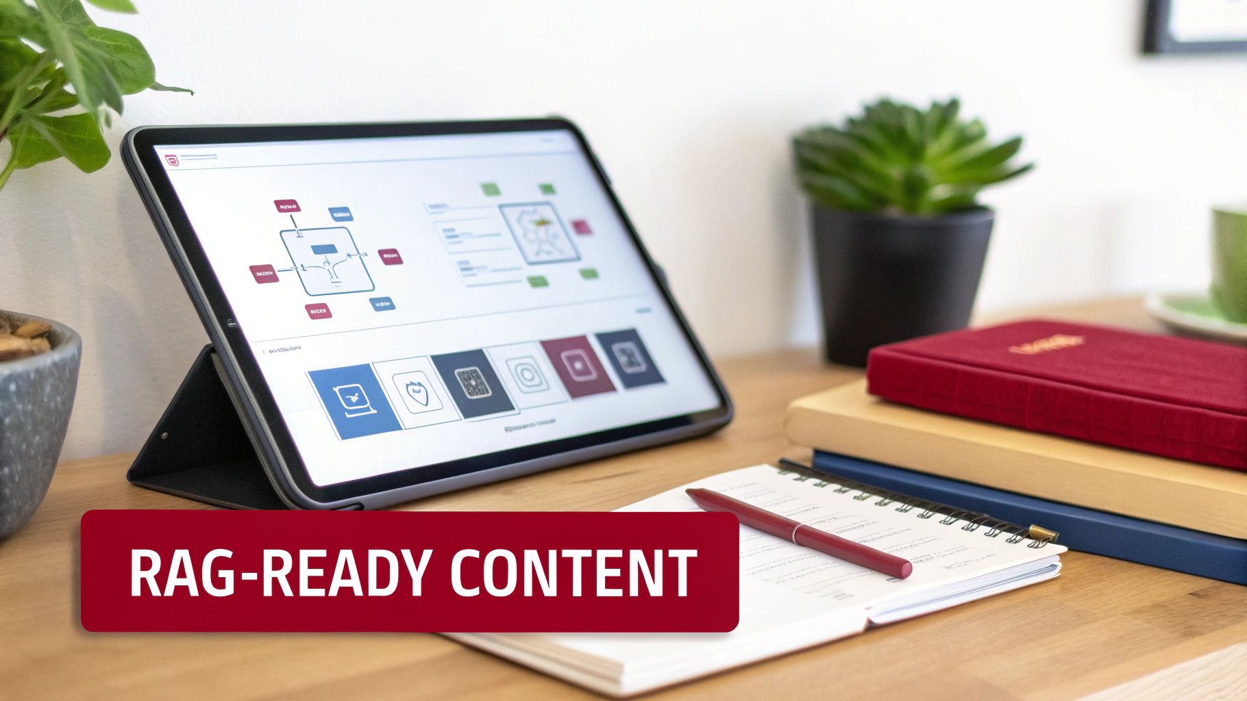 A tablet displays a content architecture diagram and app icons on a desk with a notebook, pen, and books.