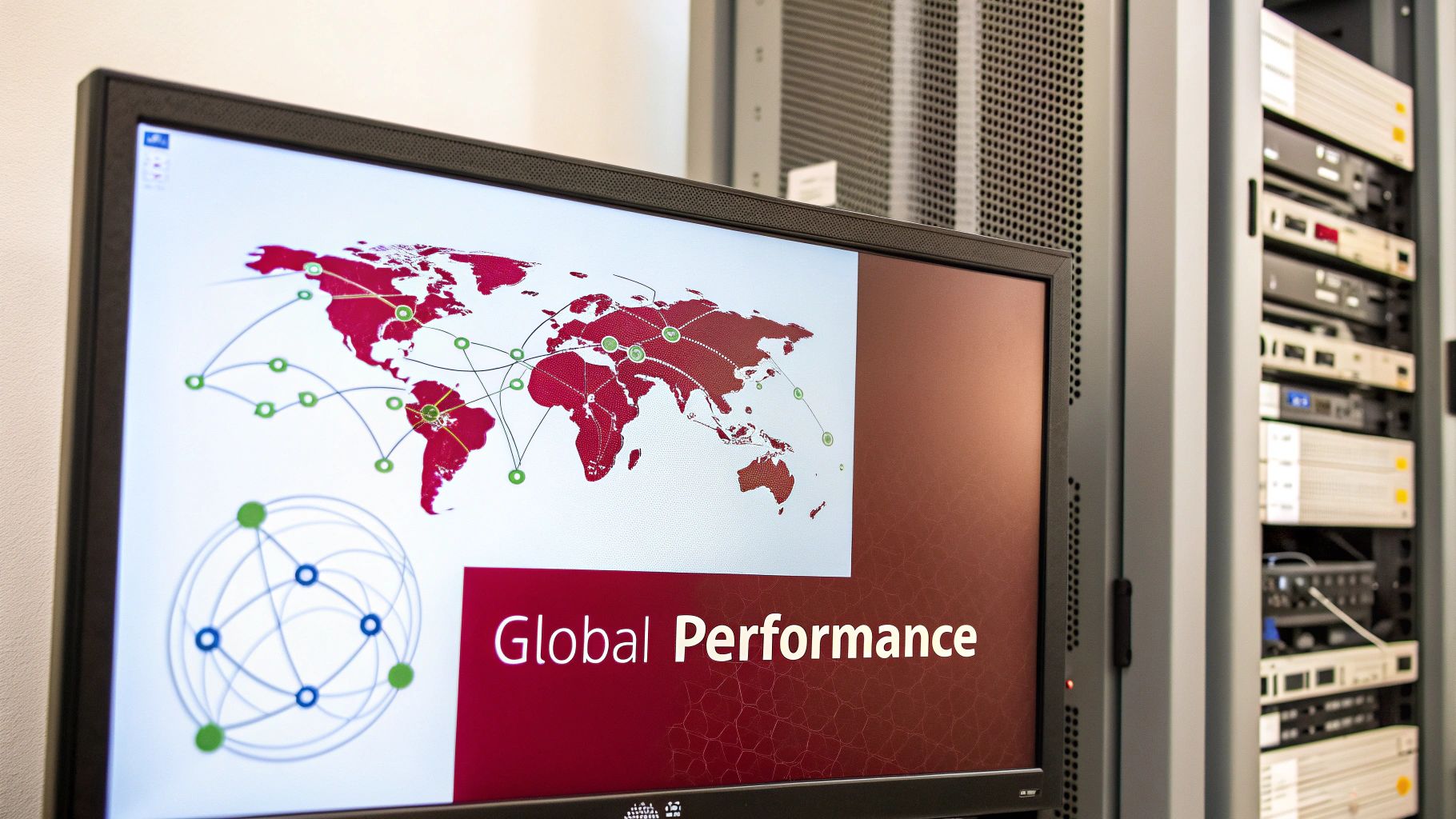 Computer monitor displaying a world map network and 'Global Performance' next to server racks.