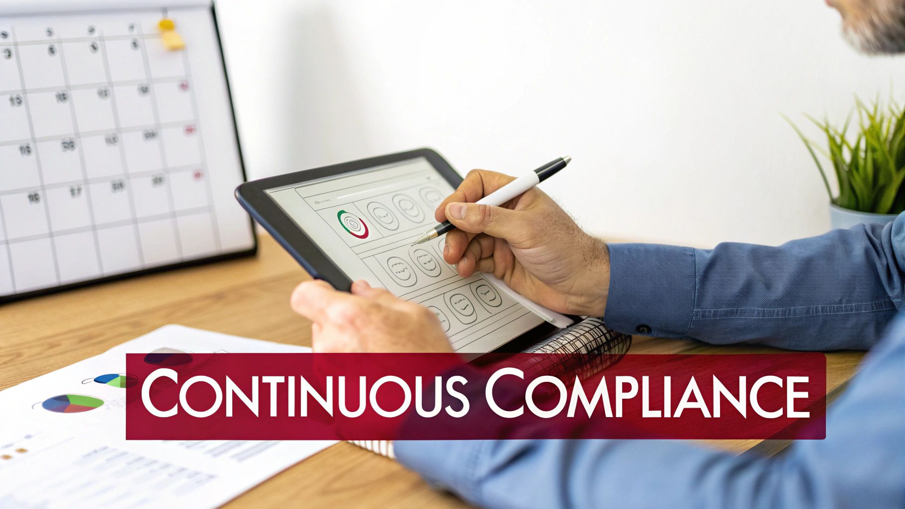 Man reviewing digital compliance on a tablet with a stylus, promoting continuous monitoring and regulation.