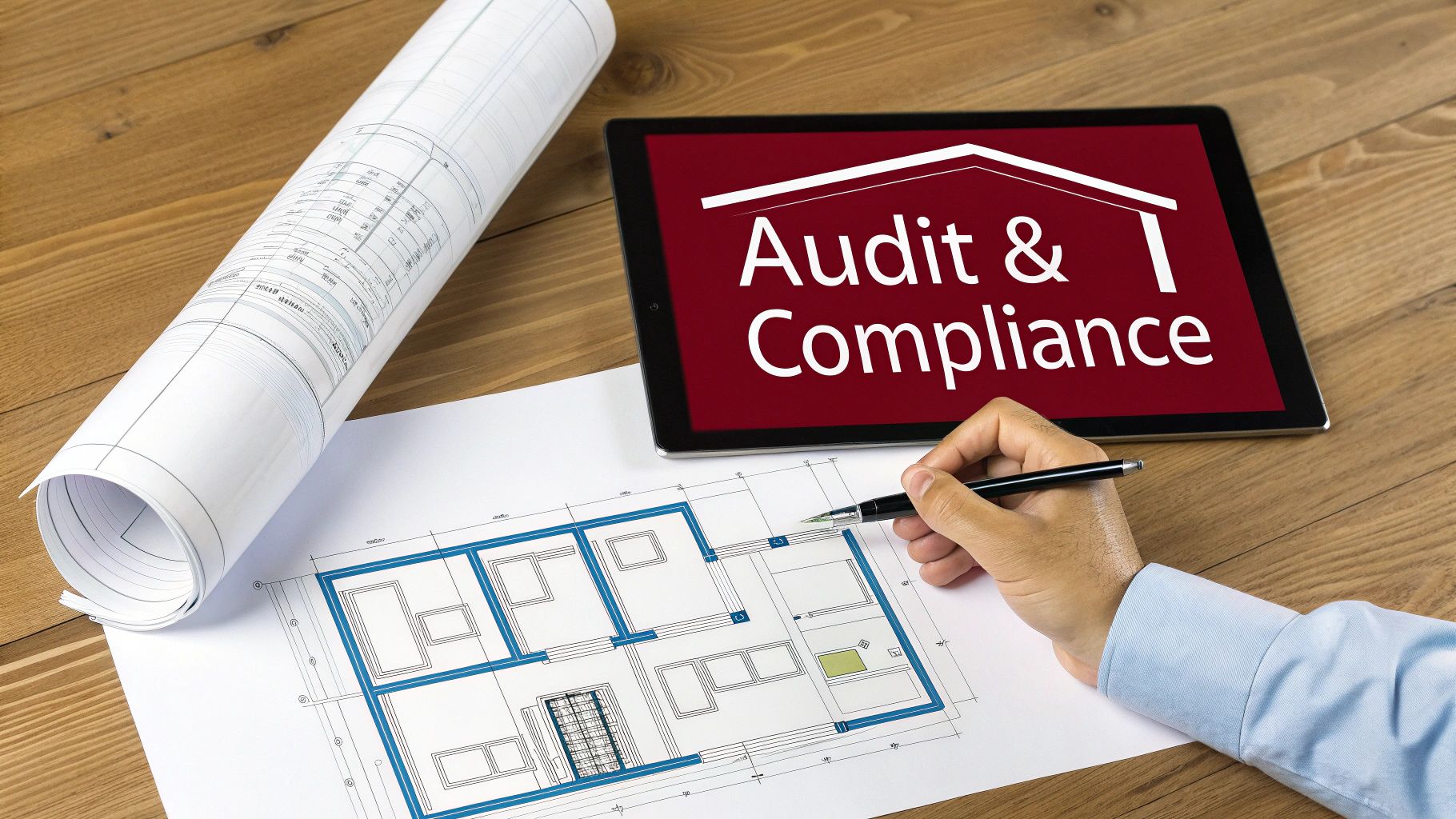 Person's hand reviewing a building blueprint next to a tablet showing 'Audit & Compliance' on a wooden desk.