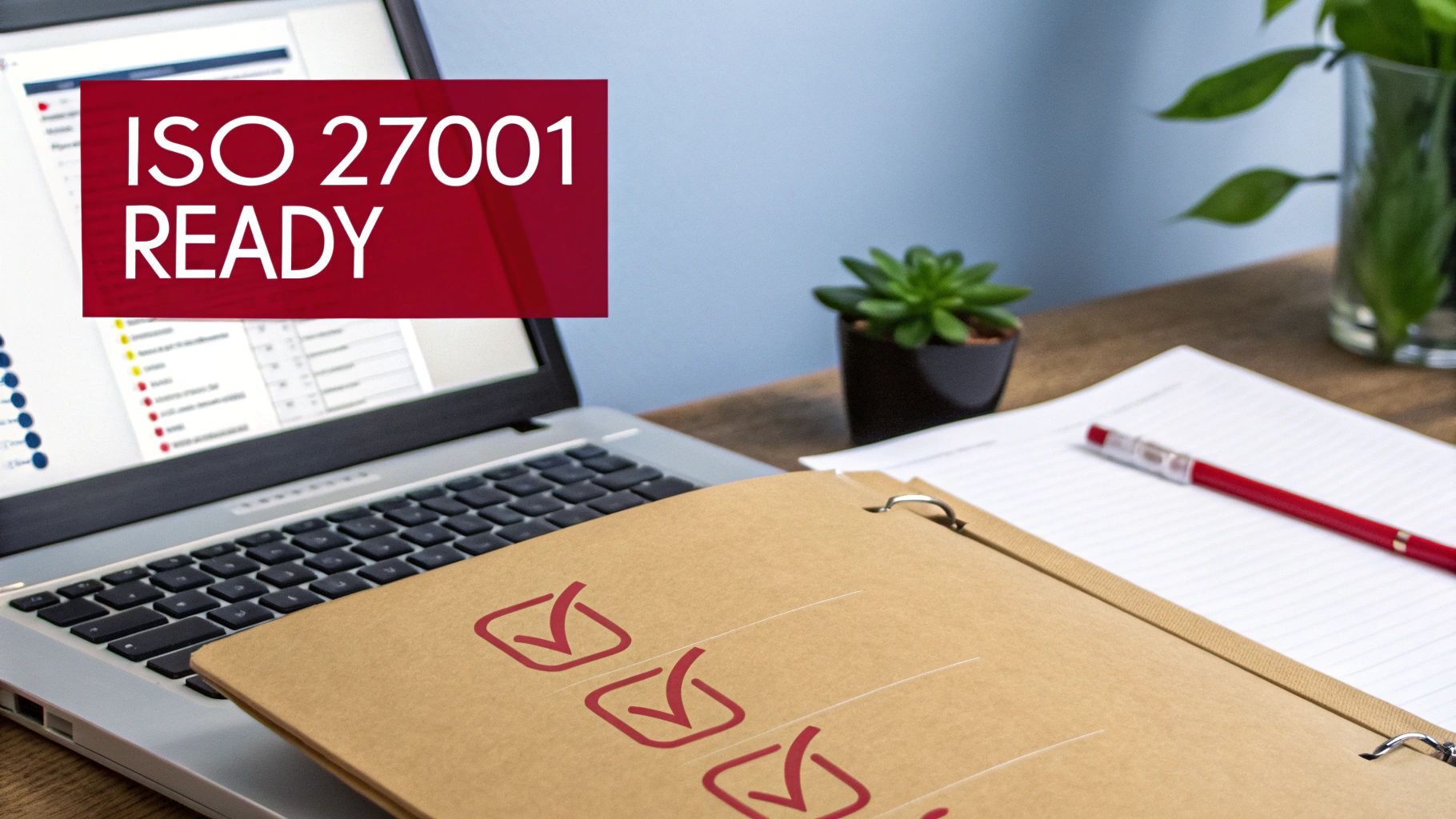 A laptop screen displaying 'ISO 27001 READY' text, with a checklist binder, plant, and pen on a desk.