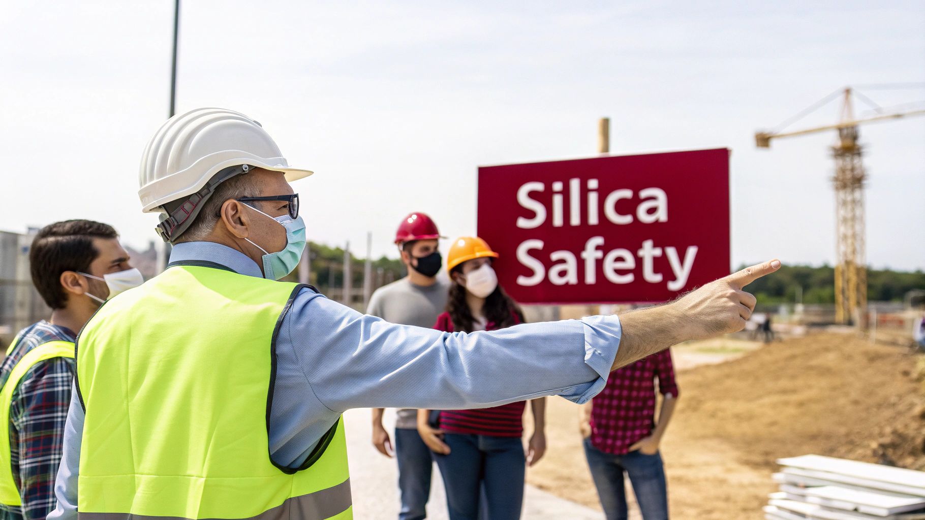 Construction safety supervisor explaining silica safety protocols to workers wearing protective equipment and masks