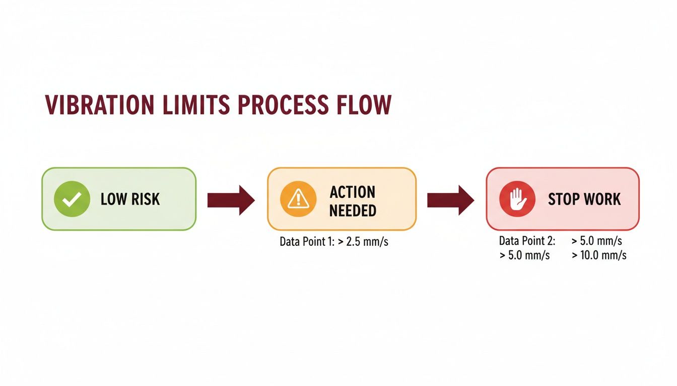 Flowchart illustrating vibration limits process, showing stages for low risk, action needed, and stop work based on vibration data points.
