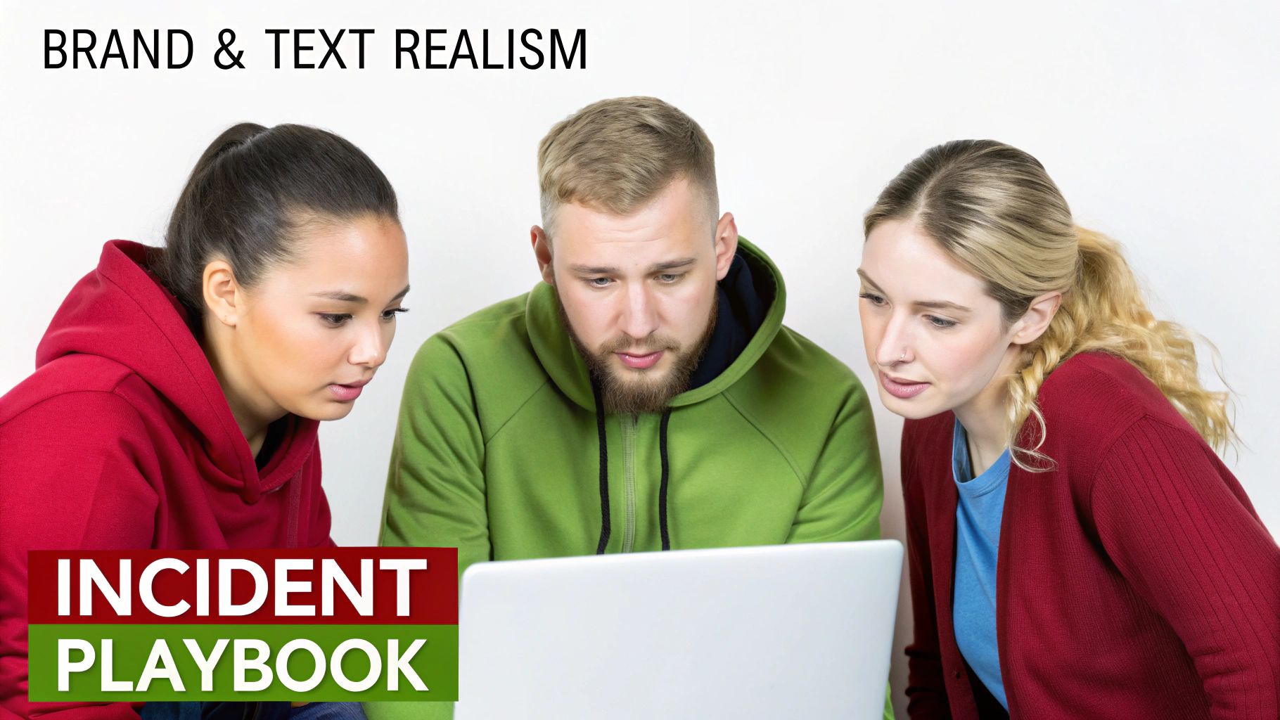 Three young people collaborating and looking at a laptop with text 'BRAND & TEXT REALISM' and 'INCIDENT PLAYBOOK'.