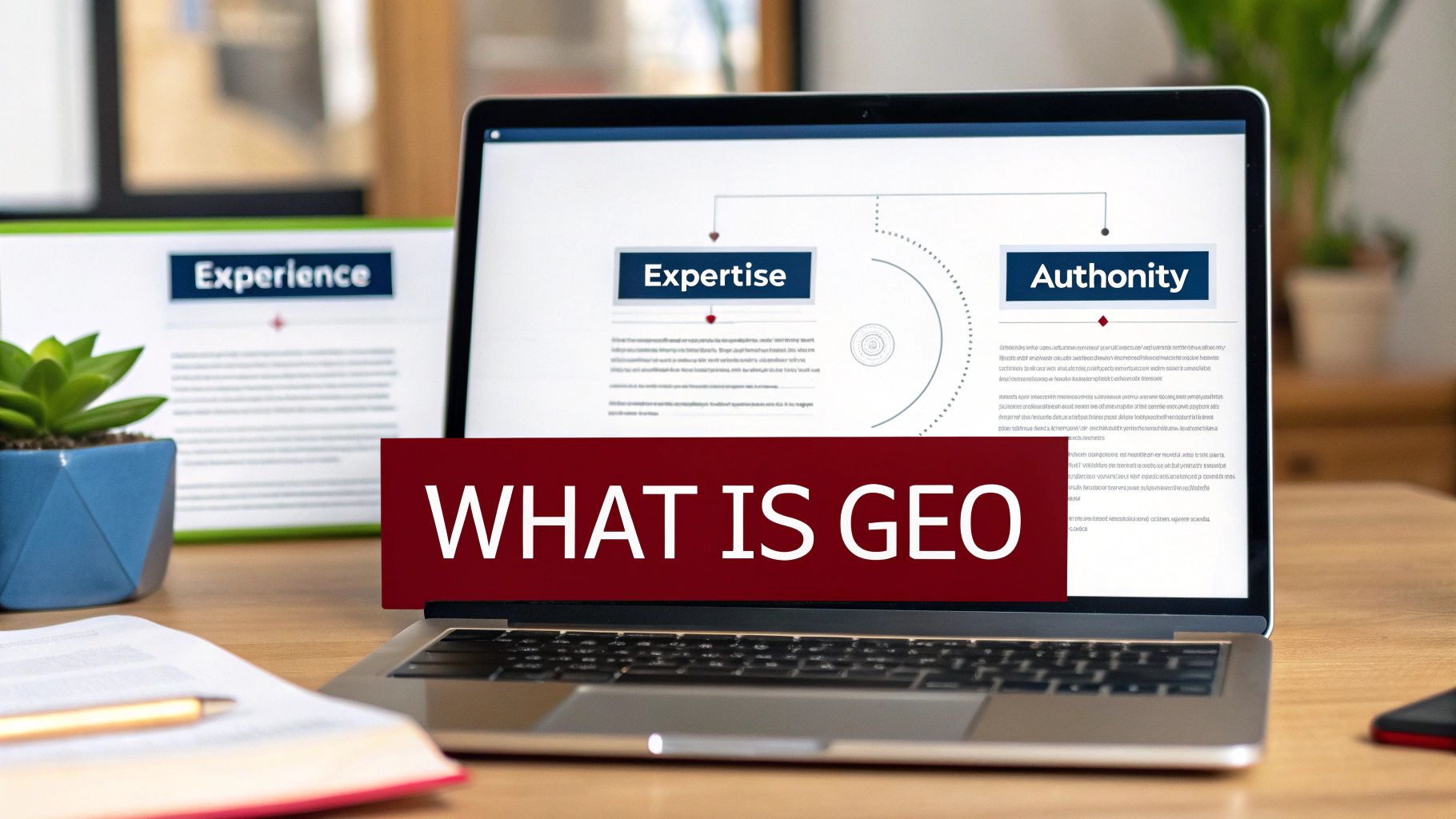 Laptop on a desk showing 'Expertise' and 'Authority' presentation with a 'WHAT IS GEO' banner.