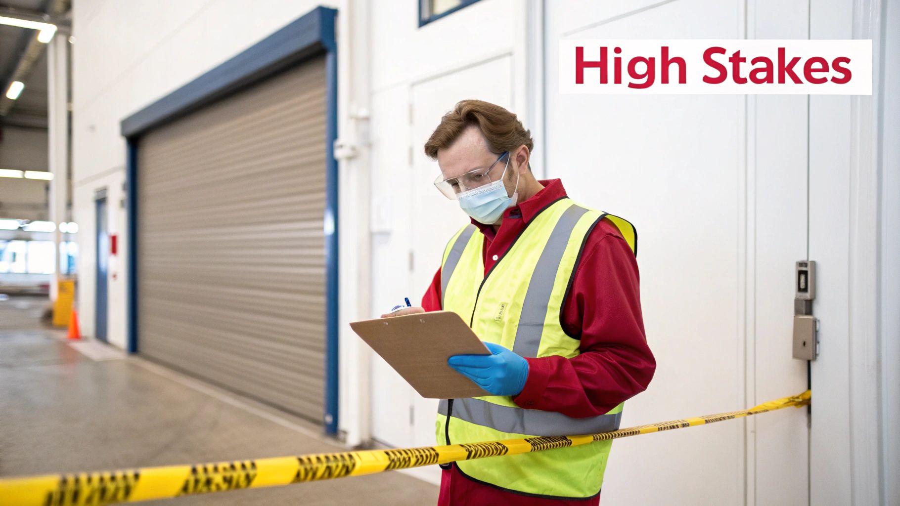 A person in safety gear writes on a clipboard in an industrial setting with caution tape.