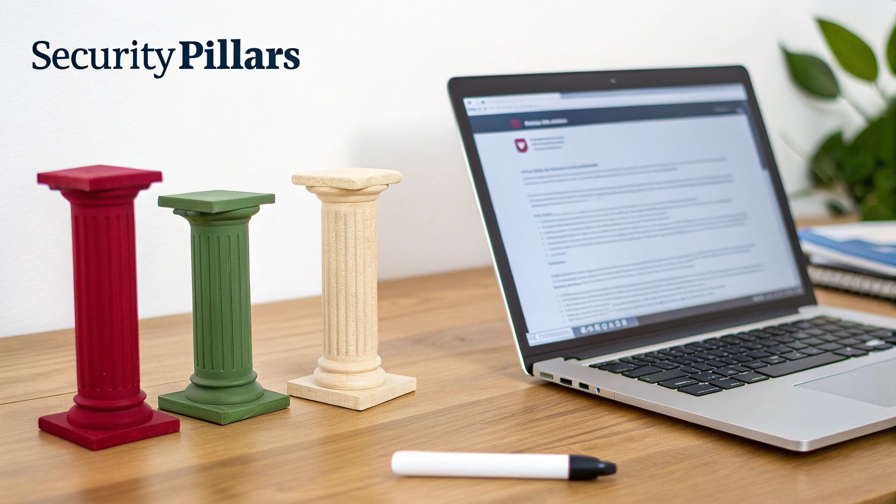 Three colorful decorative pillars (red, green, beige), a laptop, and a marker on a wooden desk.