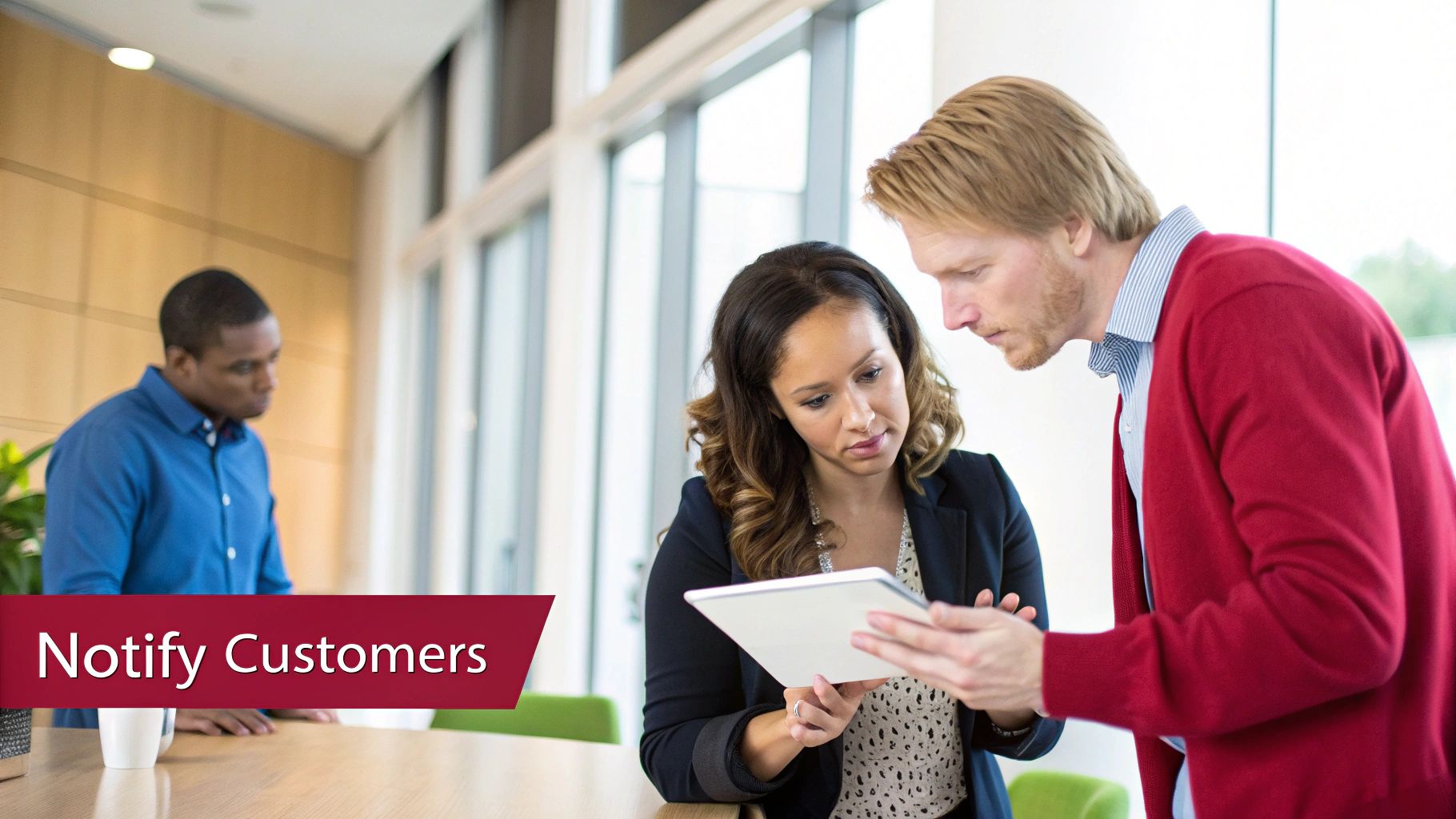 Business professionals discussing customer notification strategy on tablet in modern office setting