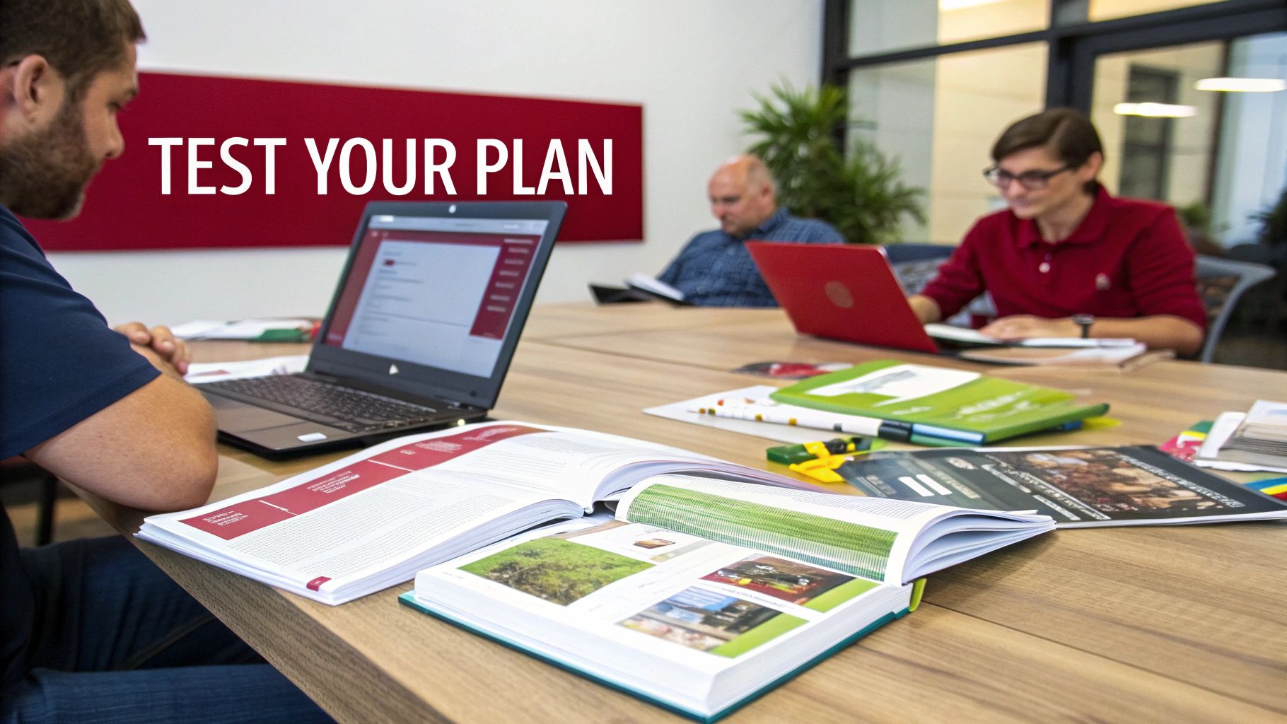 People in an office collaborate, reviewing a plan with laptops, books, and papers on a wooden table.