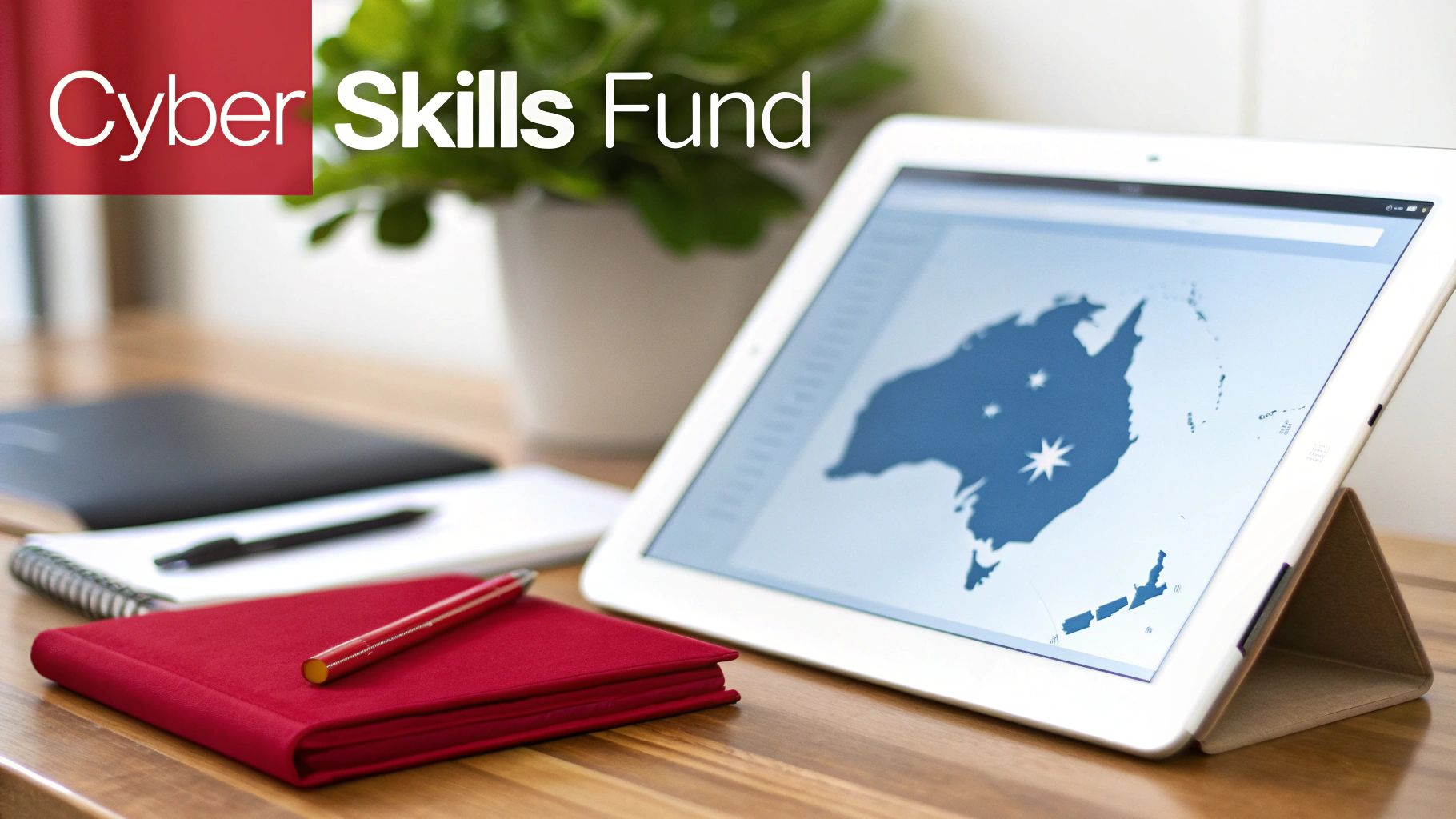 A red overlay with 'Cyber Skills Fund' text, a tablet showing an Australian map, and office supplies on a wooden desk.