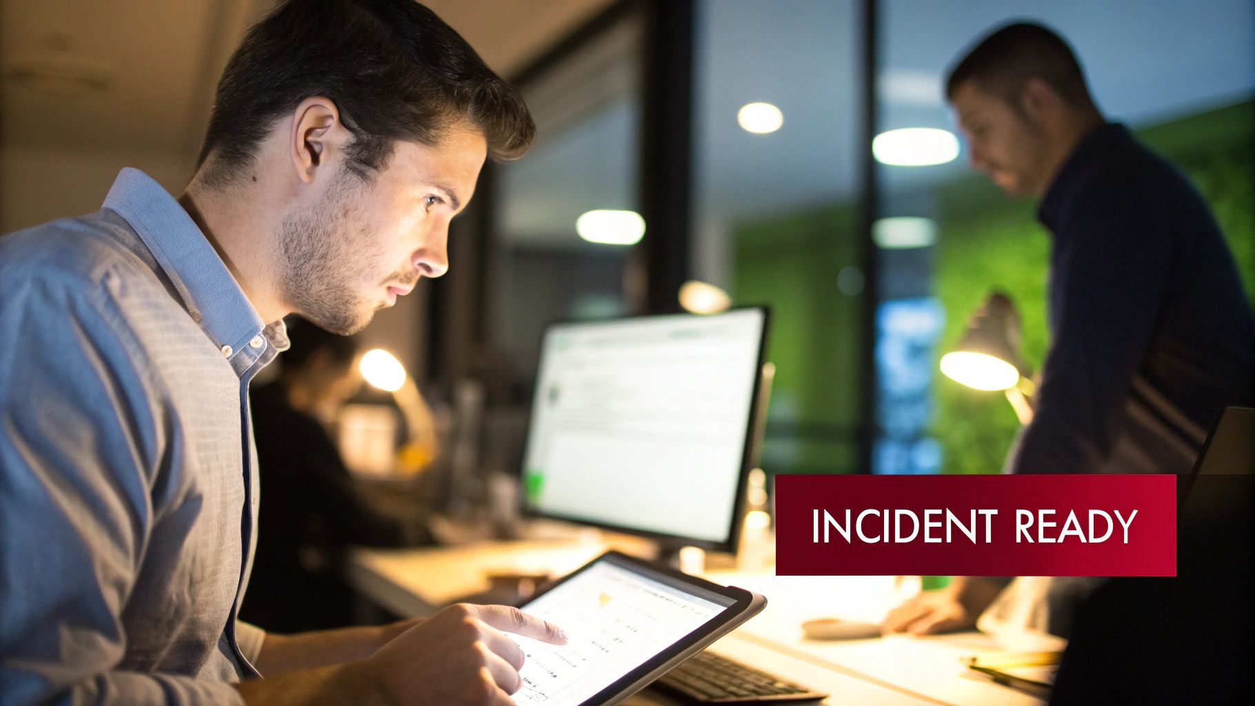 Young man working intently on a tablet in a modern, low-lit office, with "INCIDENT READY" text.