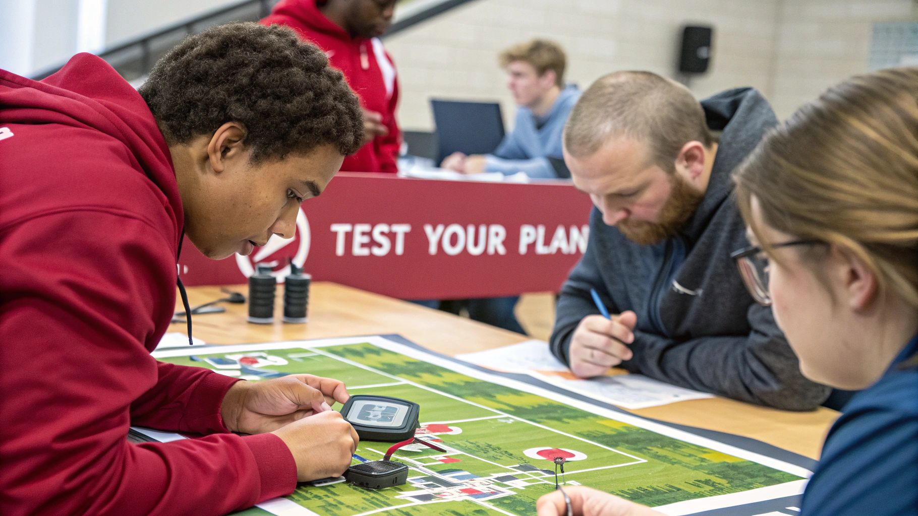 Students collaborate and test devices on a green mat, beneath a 'TEST YOUR PLAN' banner.
