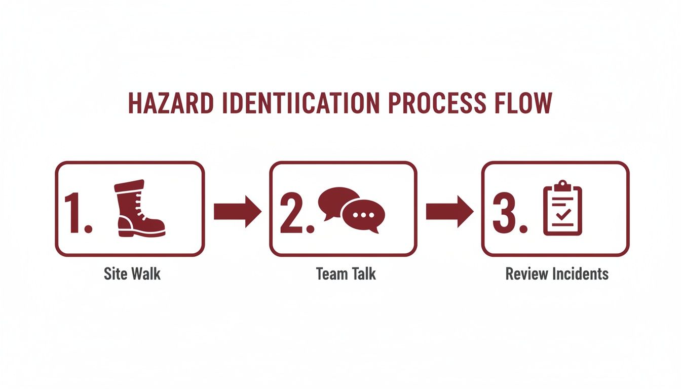 A flow chart illustrating a three-step hazard identification process: Site Walk, Team Talk, and Review Incidents.