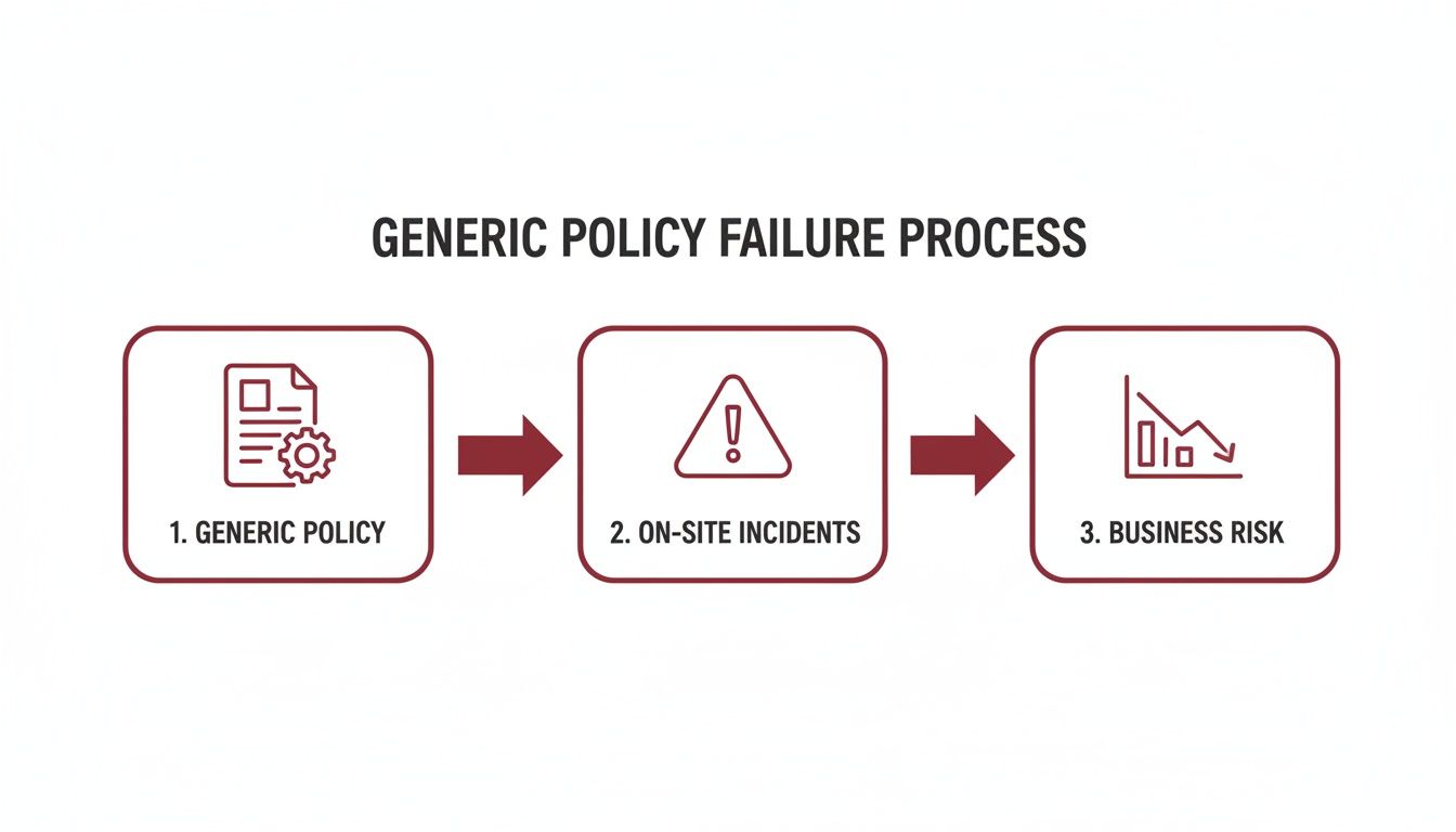 Flowchart showing a generic policy failure process leading to on-site incidents and increased business risk.