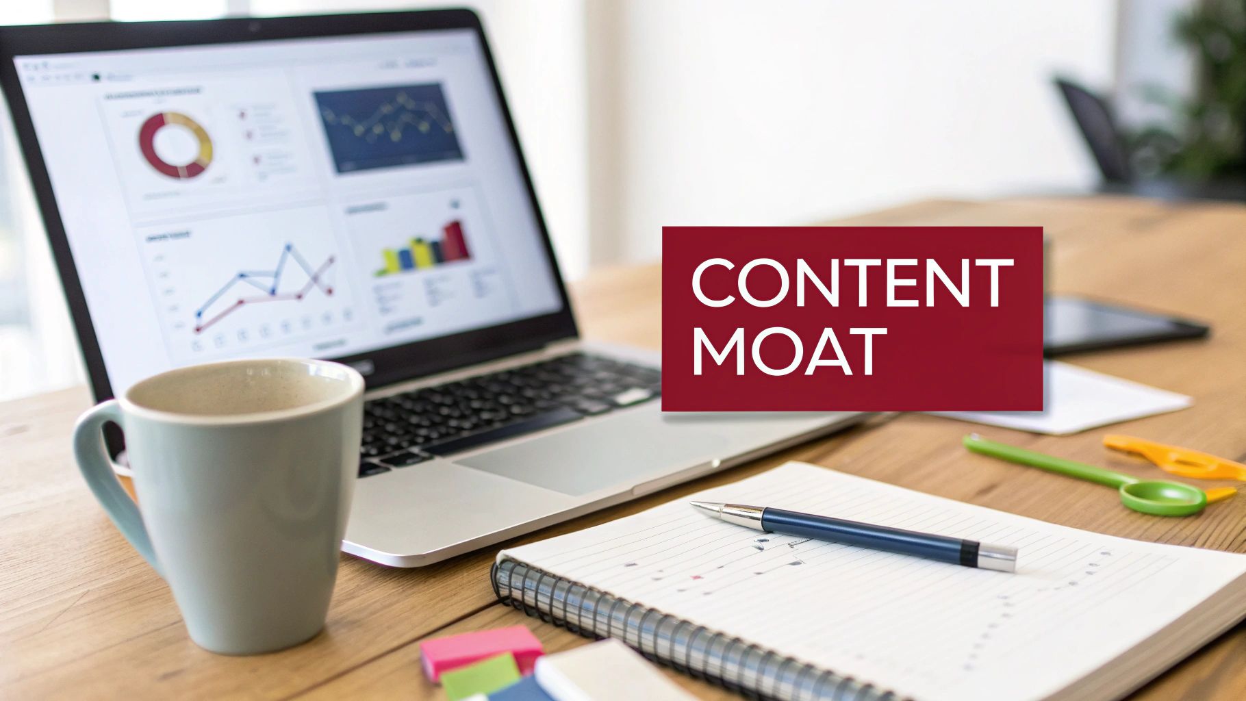 A laptop displaying data analytics, a coffee mug, a notebook, a pen, and a 'CONTENT MOAT' overlay.
