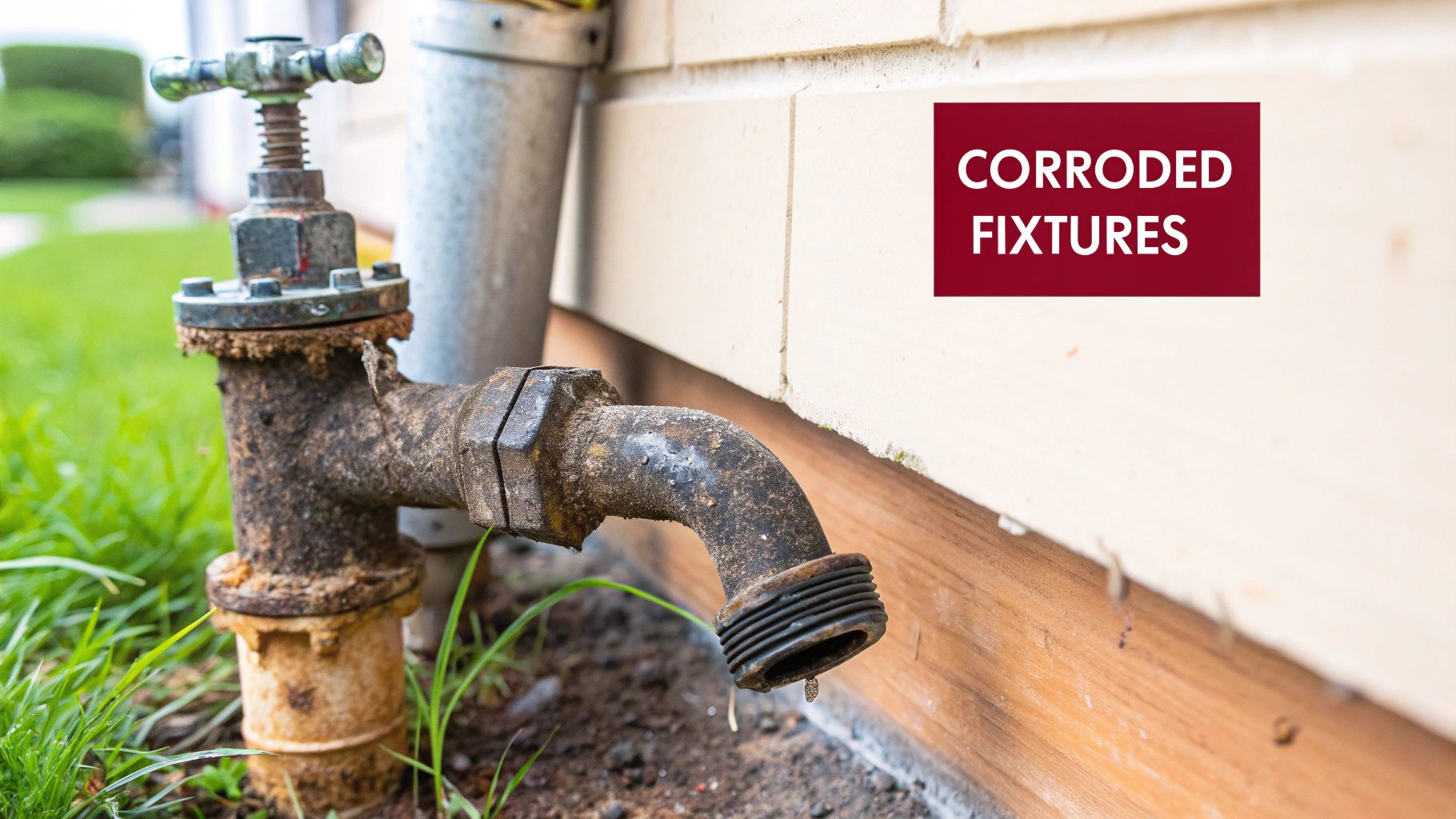 A close-up of a severely corroded outdoor water faucet next to a building, indicating fixture damage.