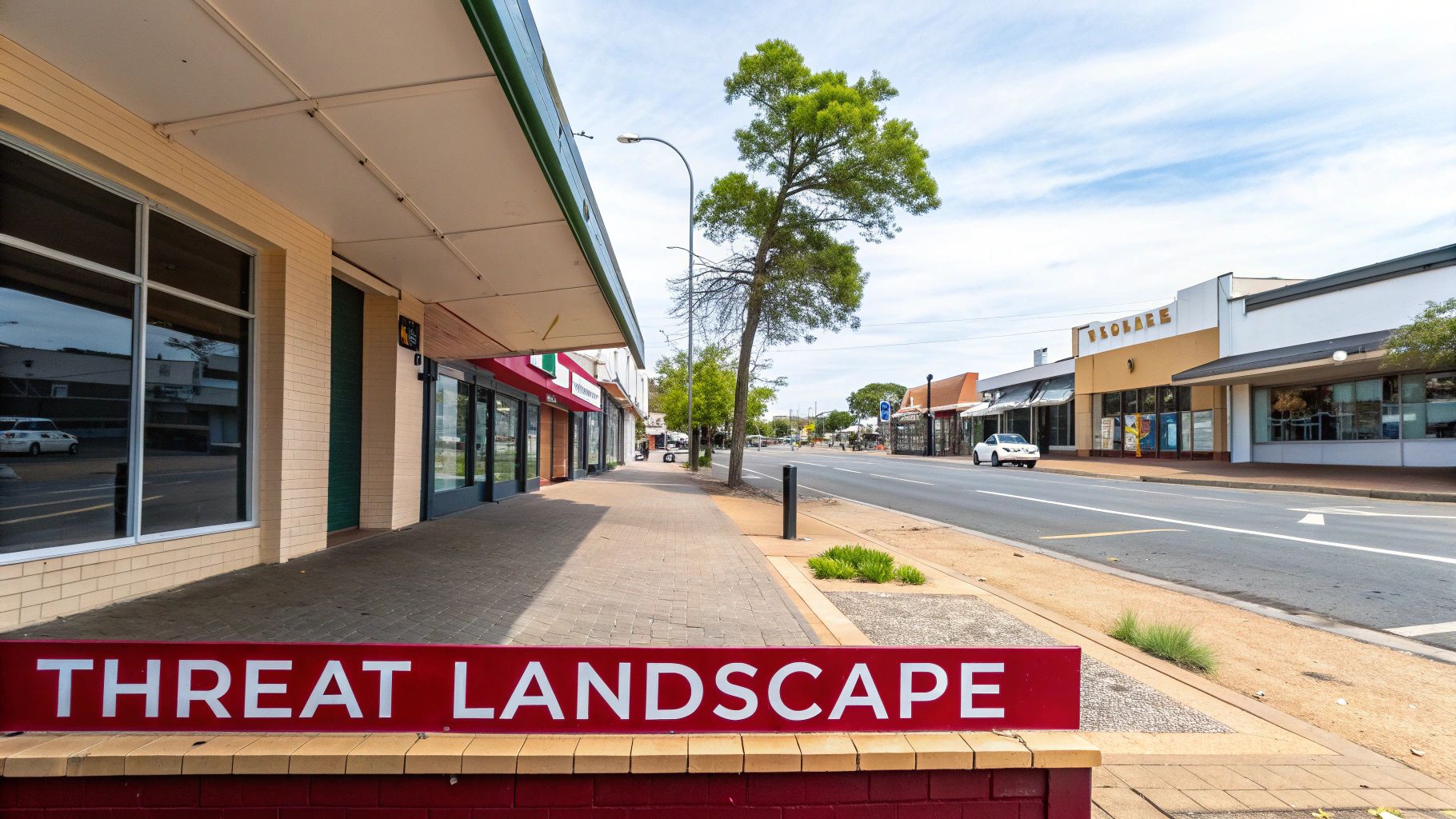 A street scene featuring a red 'THREAT LANDSCAPE' sign, buildings, a sidewalk, and an empty road under a cloudy sky.