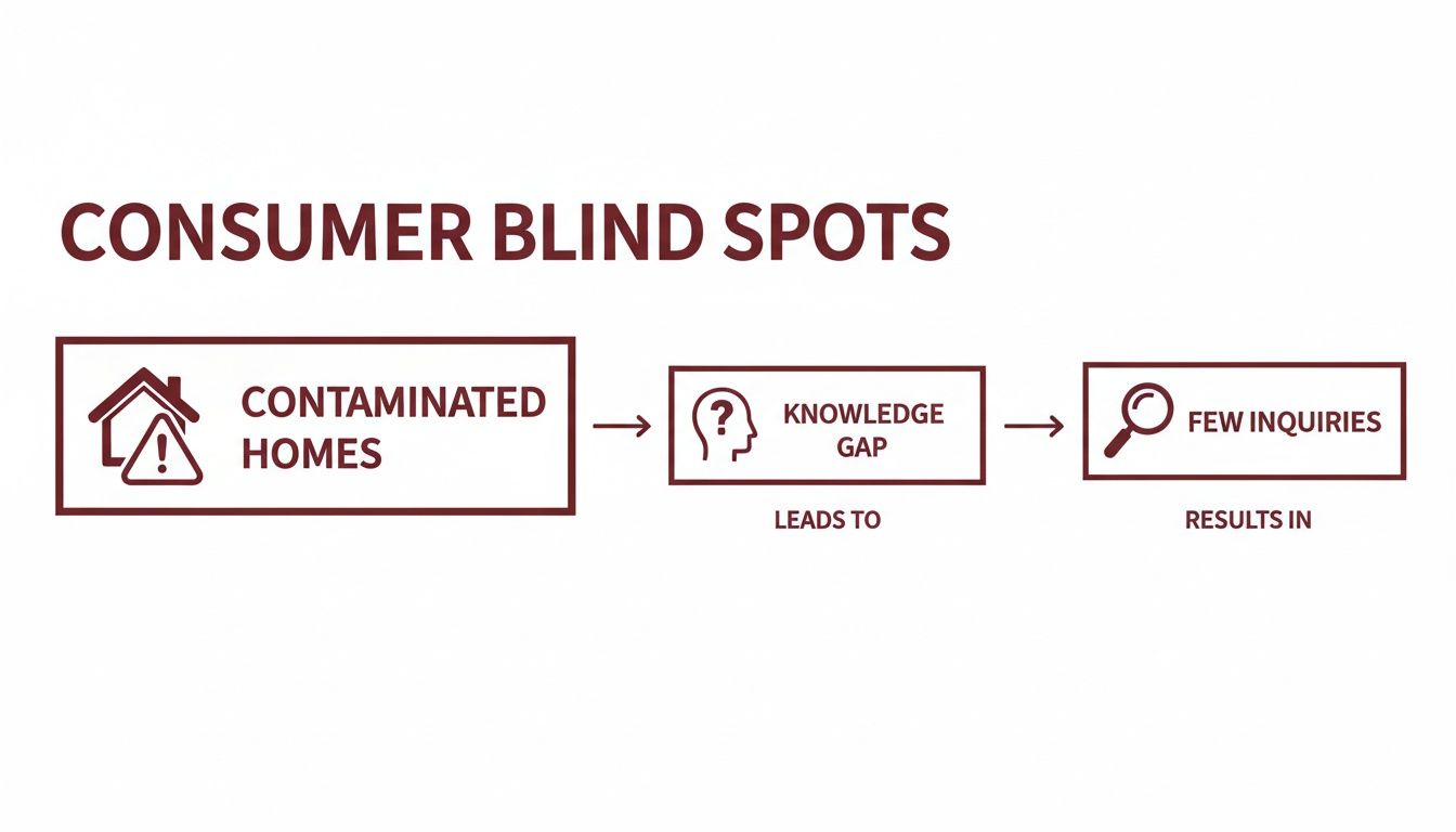 Flow chart illustrating consumer blind spots: contaminated homes lead to a knowledge gap, resulting in few inquiries.