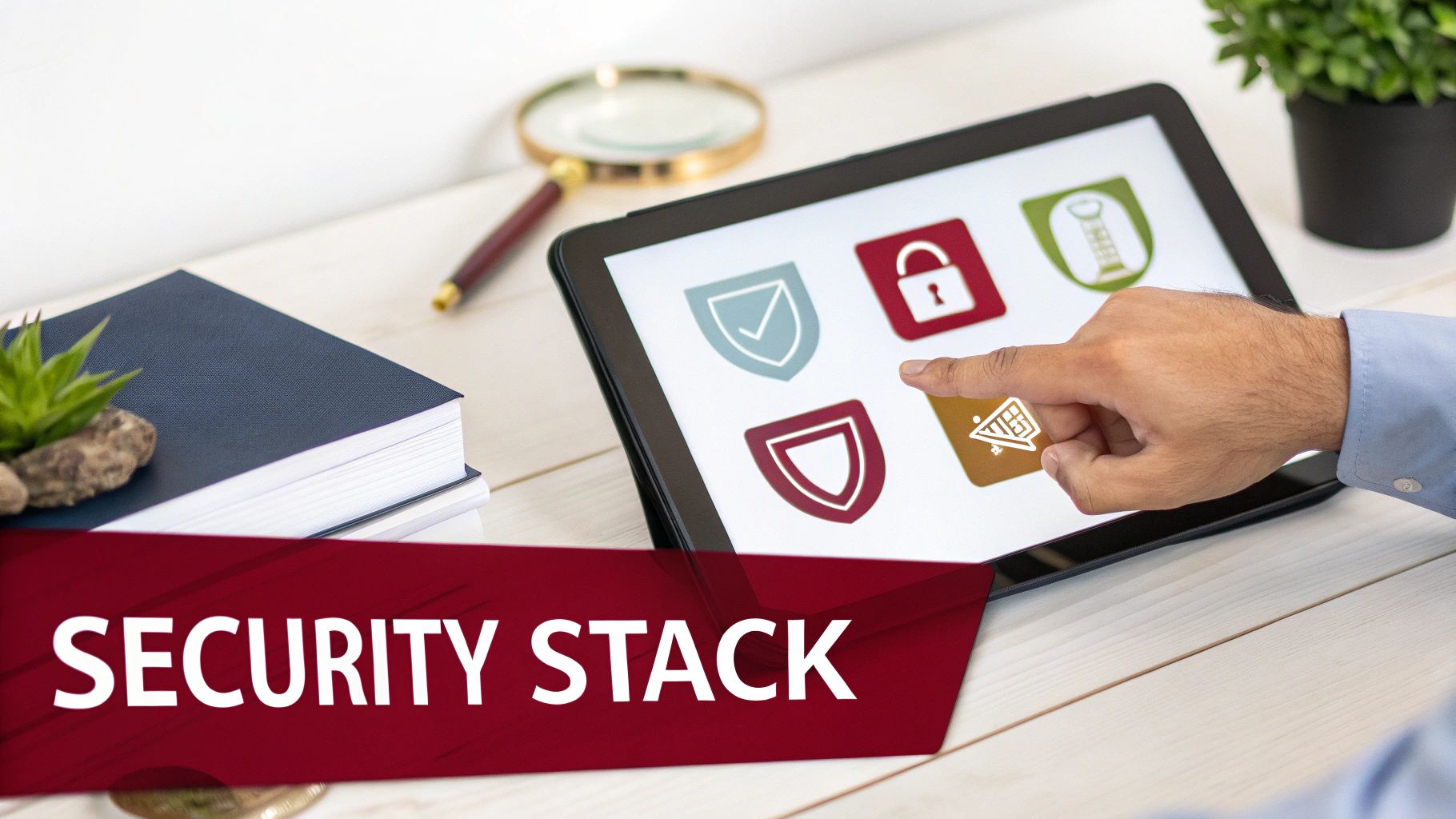 A hand taps a tablet screen displaying various security icons, with a 'SECURITY STACK' banner.