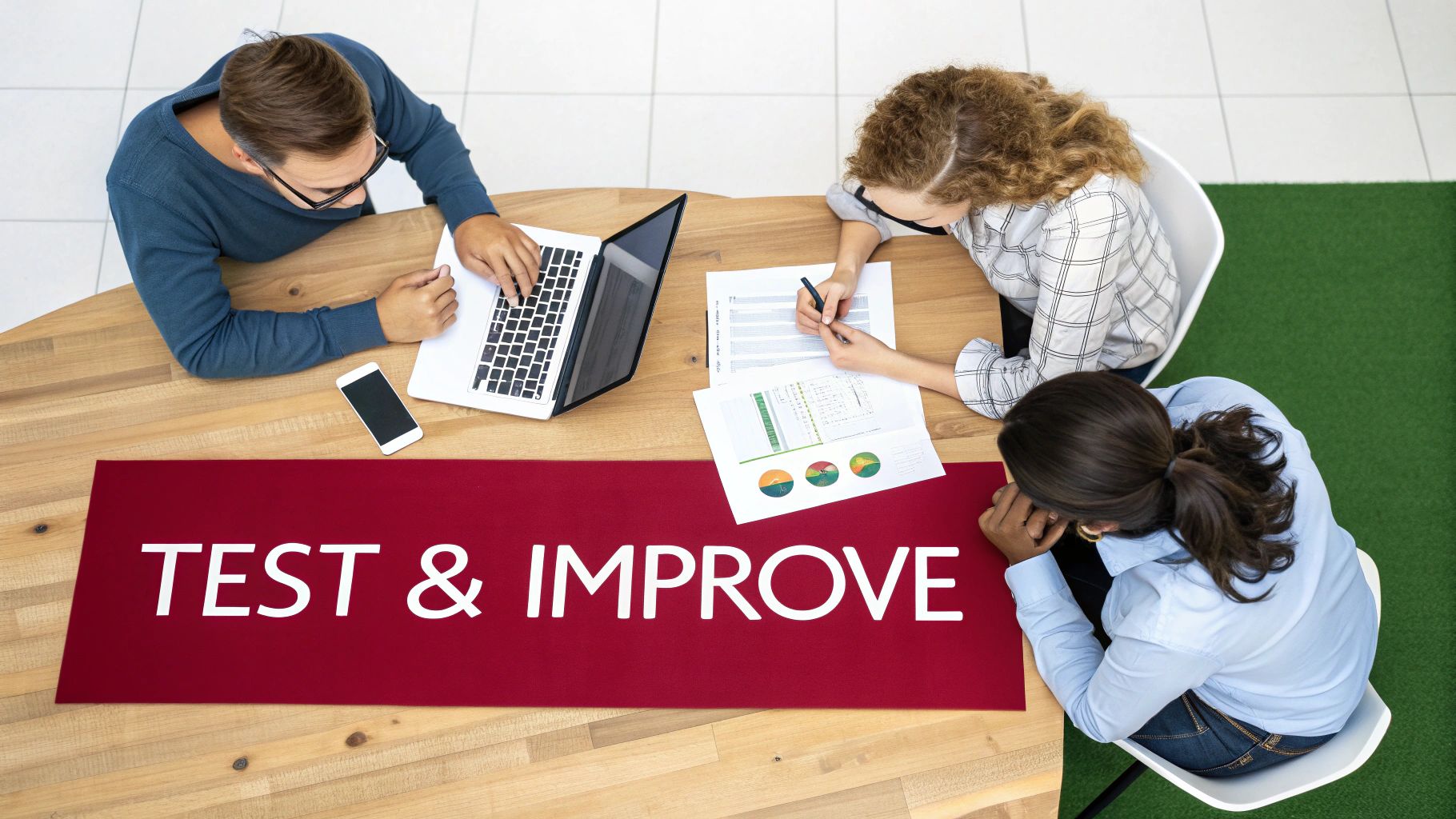 Three professionals collaborating at a wooden table with laptops, documents, and a 'TEST & IMPROVE' sign.