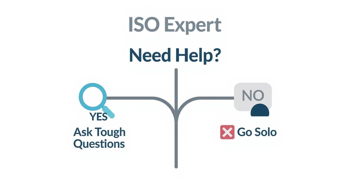 Infographic decision tree asking if you need help with ISO certification, with branches for 'Yes' leading to asking tough questions and 'No' leading to going solo.