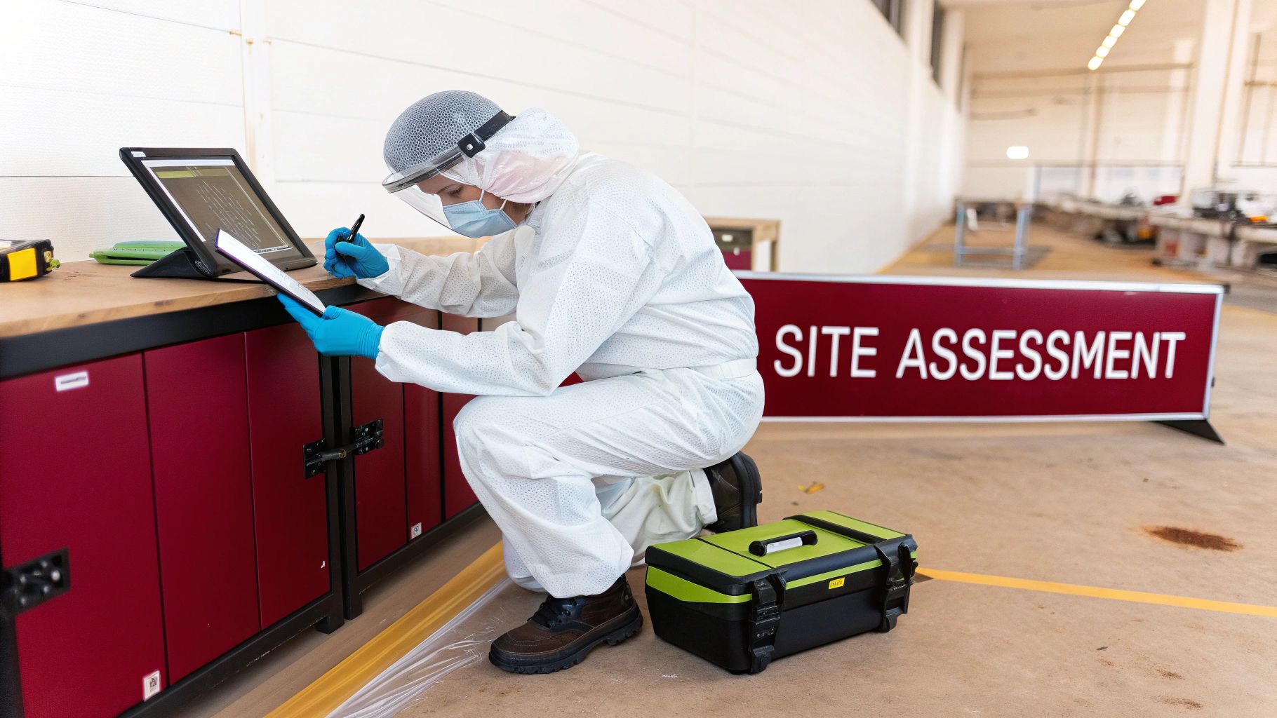 A person in a protective suit and face shield performing a site assessment, writing on a clipboard.