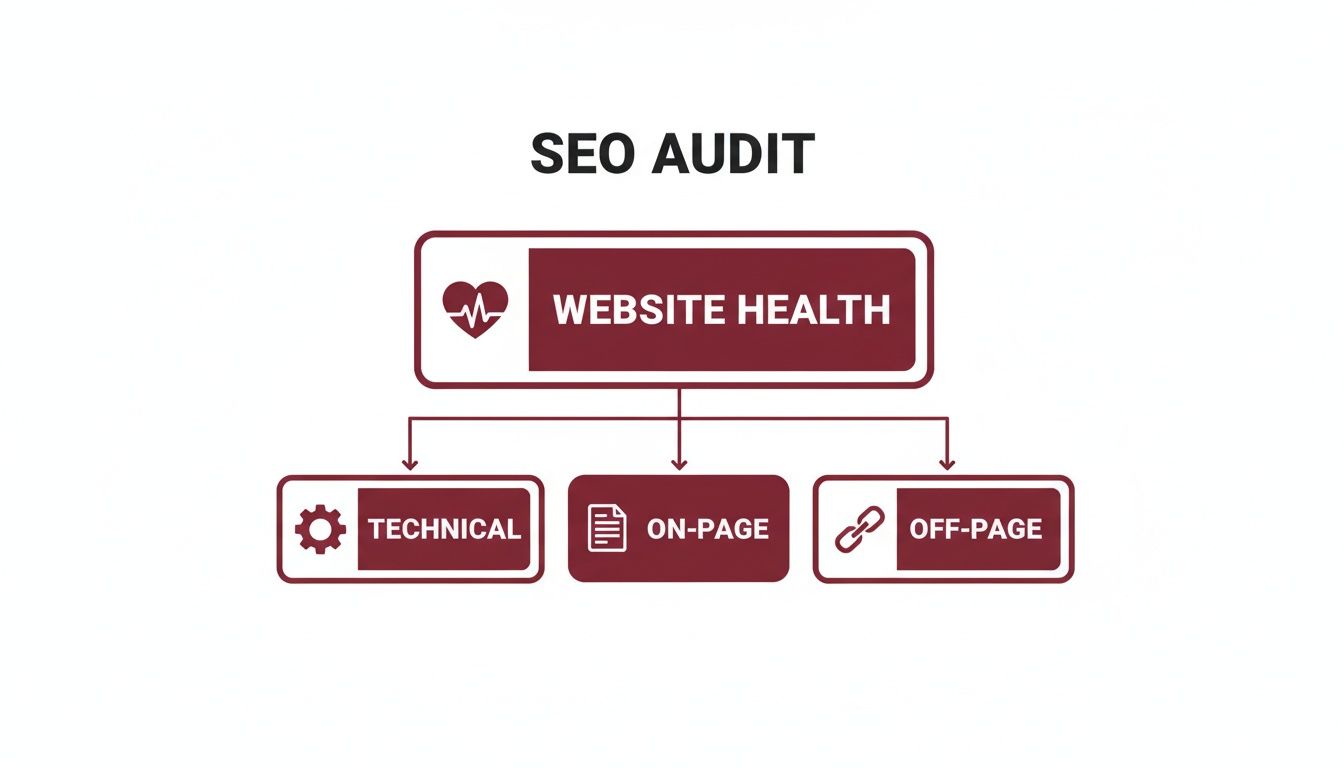 A detailed flowchart illustrating the key components of an SEO audit, including website health, technical, on-page, and off-page factors.