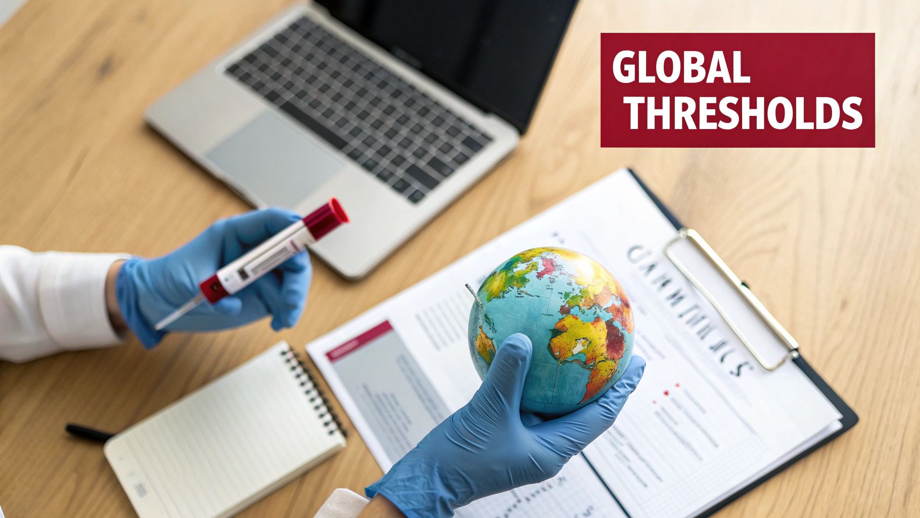 Gloved hands hold a globe and blood sample tube on a desk with a laptop, symbolizing global health analysis.
