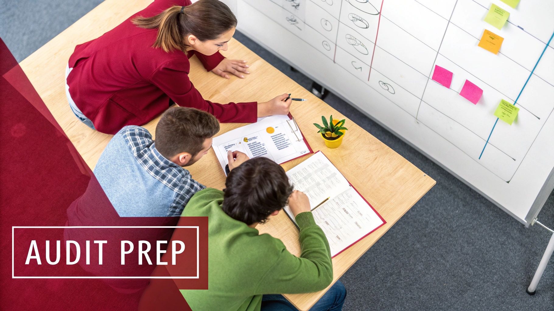 A group of professionals in a meeting room, strategizing around a whiteboard.