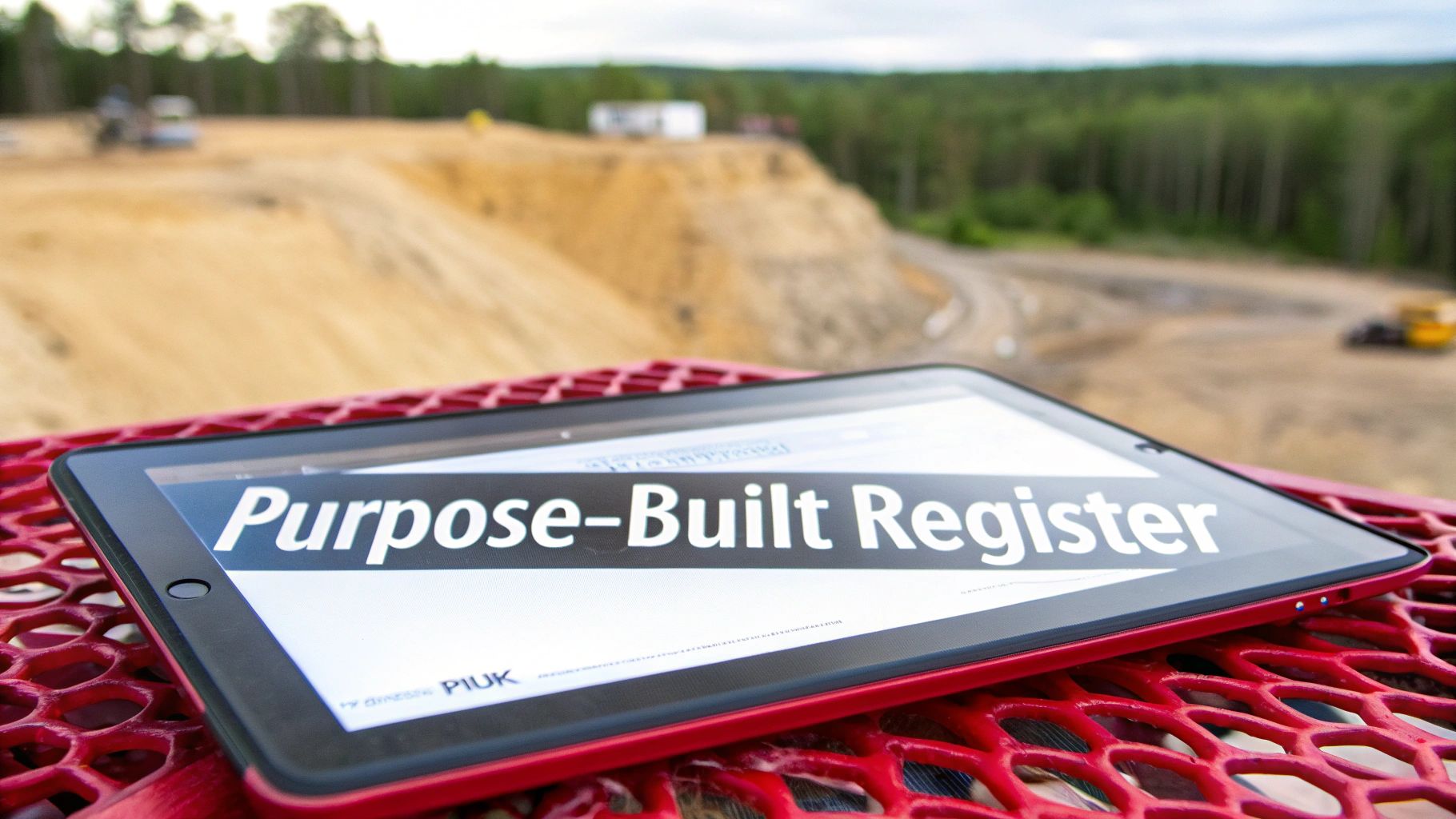 A tablet displaying 'Purpose-Built Register' on a red mesh table at a mining or quarry site.