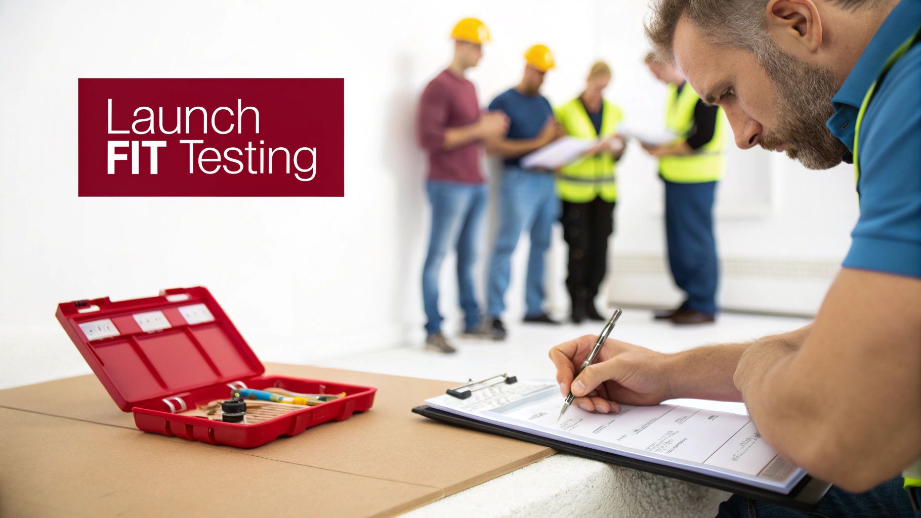 A safety officer planning a workplace fit testing program at a desk with charts and equipment.