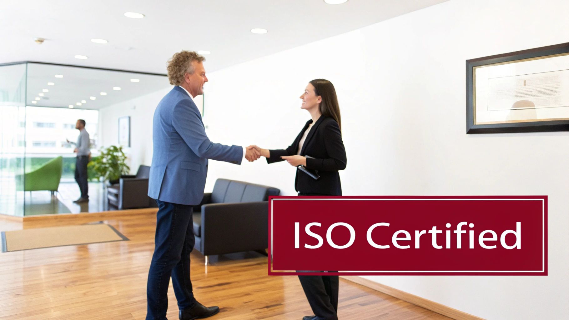 Two business professionals, a man and a woman, shaking hands in a modern office with an 'ISO Certified' text overlay.