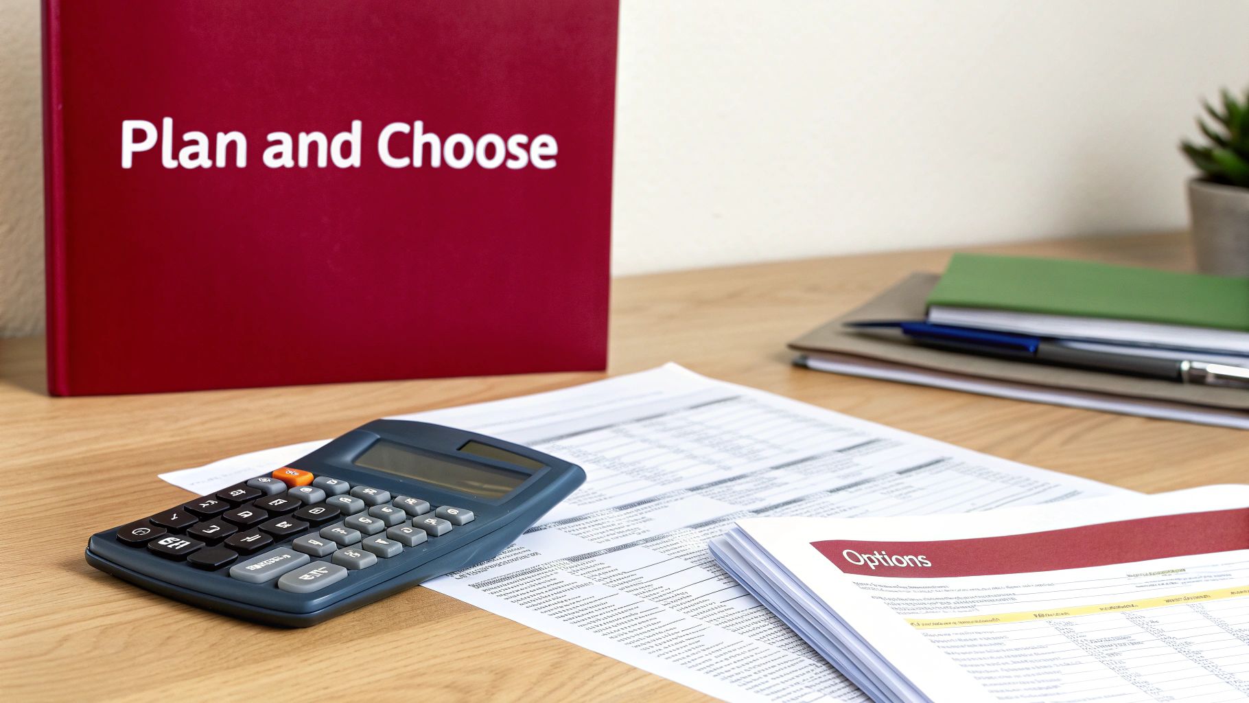 A red binder titled 'Plan and Choose' on a desk with a calculator and financial documents.