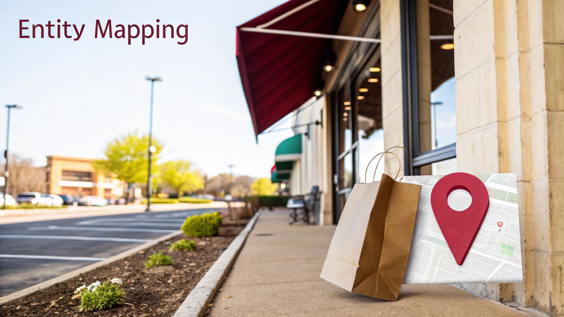 Street scene with a storefront, shopping bags, and a map with a red location pin, illustrating entity mapping.