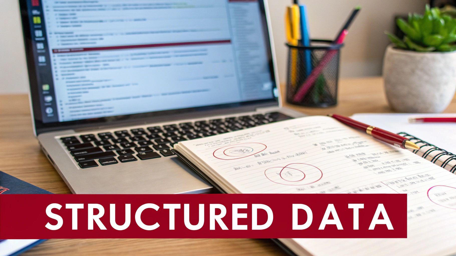 A workspace with a laptop, open notebook, and pens, featuring a 'STRUCTURED DATA' banner.