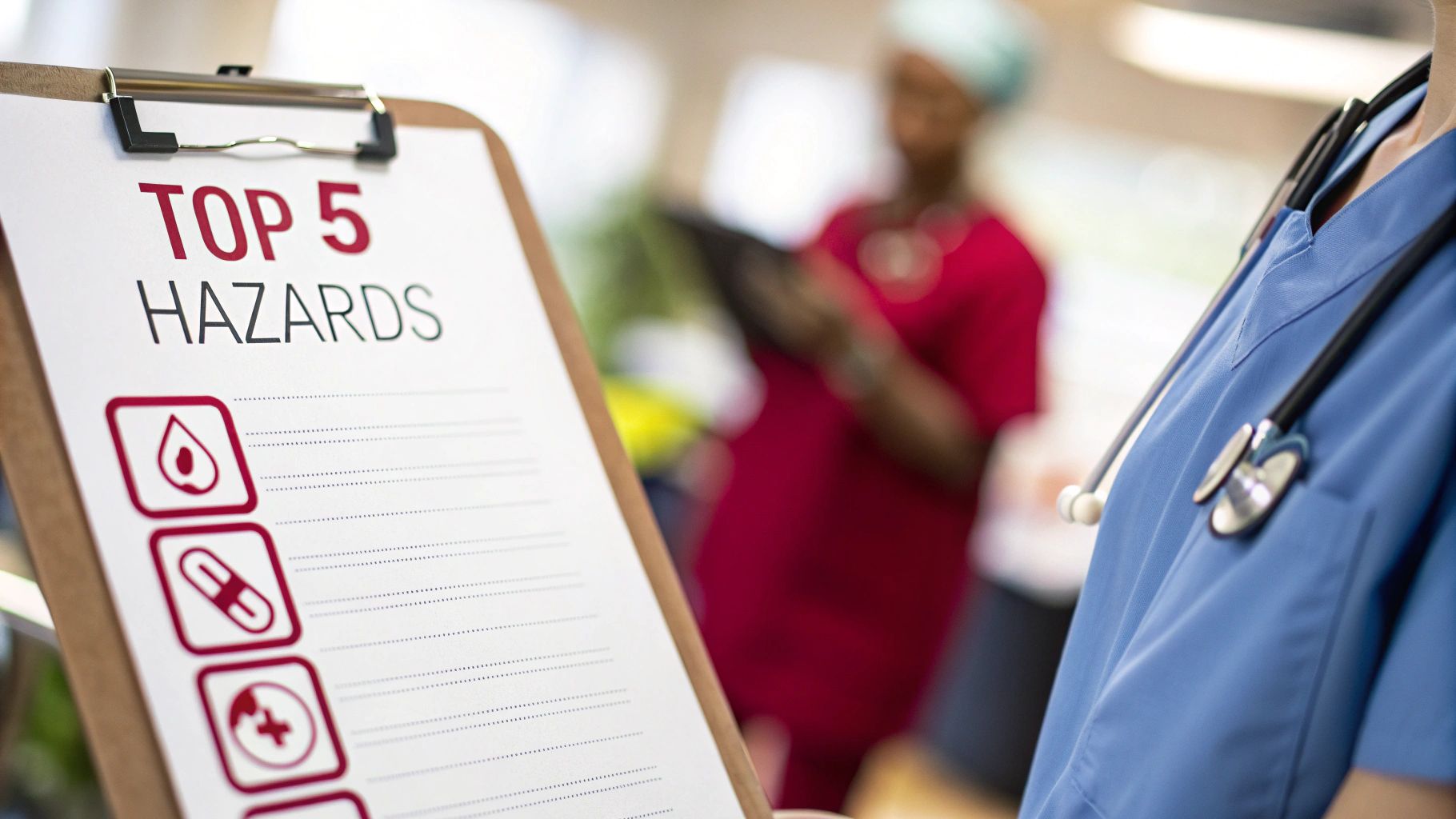 A clipboard shows a 'TOP 5 HAZARDS' list with medical icons in a healthcare setting with nurses.
