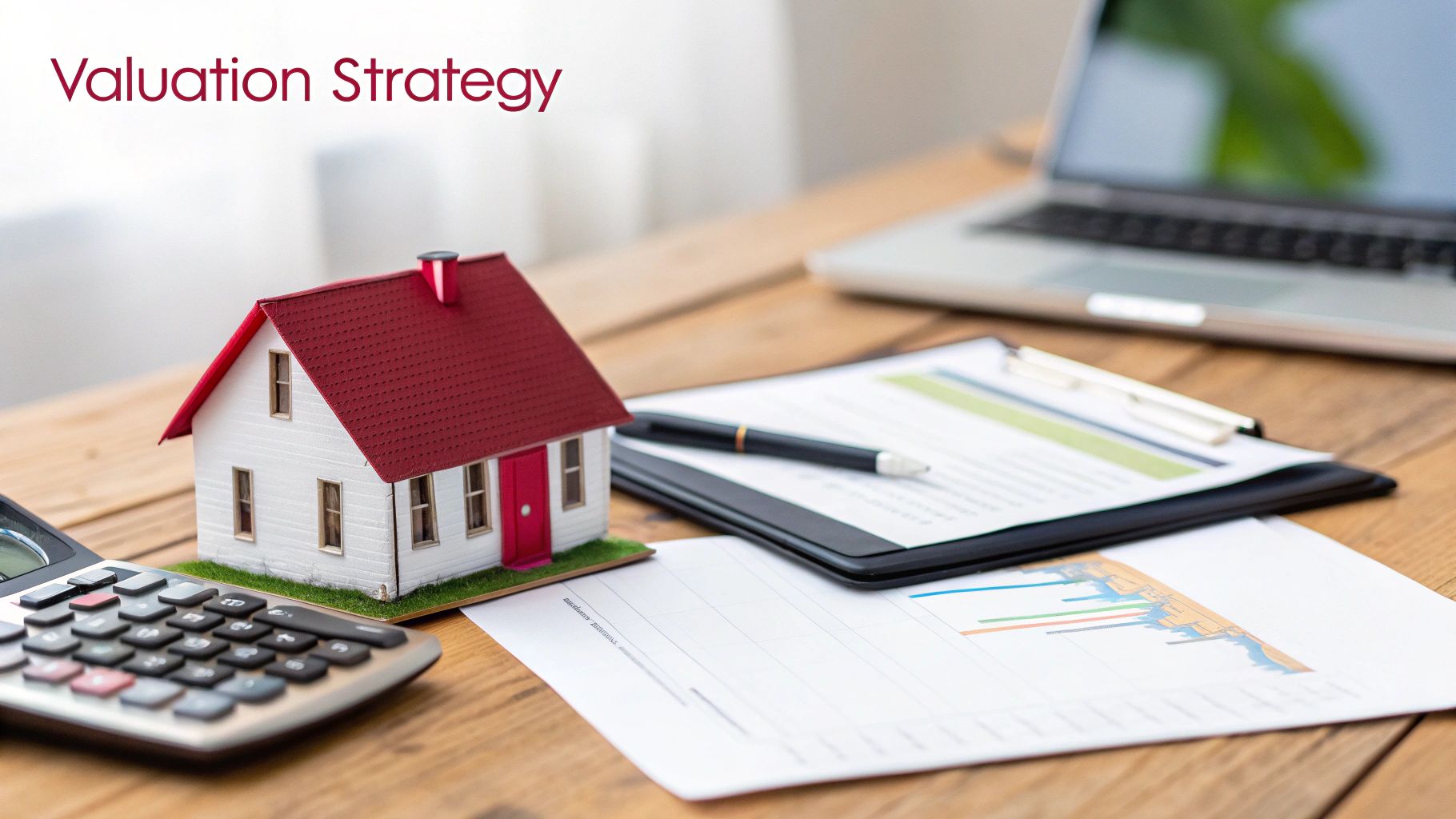 A miniature house model, calculator, and financial documents on a wooden desk for valuation strategy.