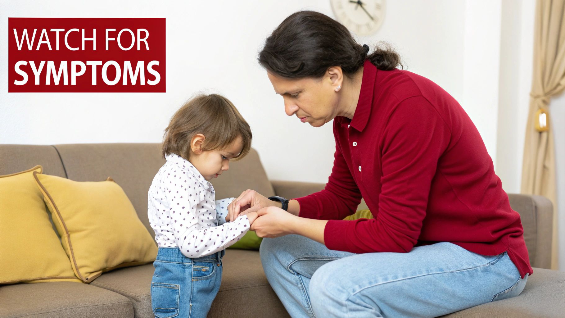 A concerned adult holds a child's hands, with text "WATCH FOR SYMPTOMS" overlay.