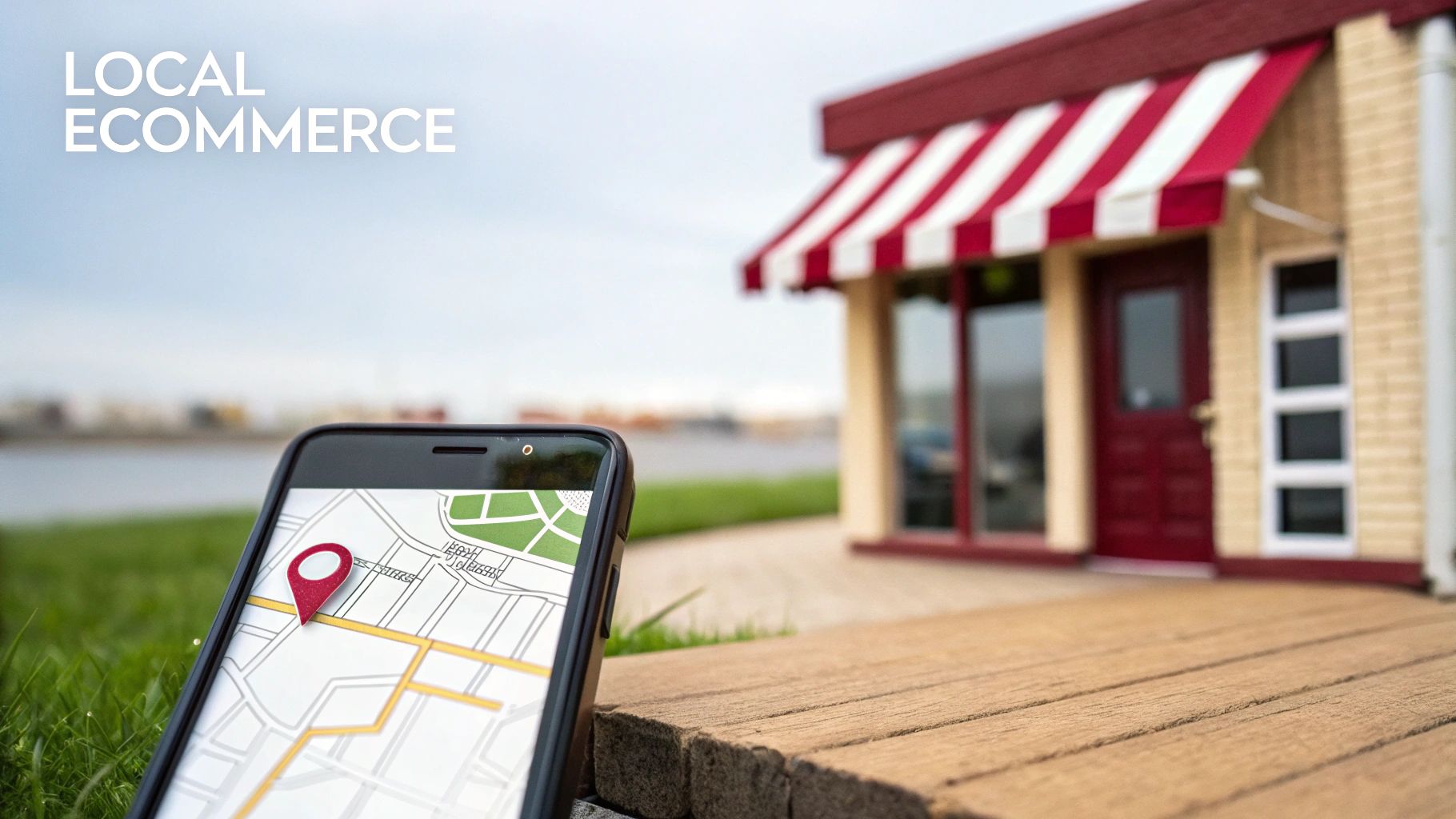 Smartphone displaying a map with a red location pin, next to a local store with a red awning, for local ecommerce.