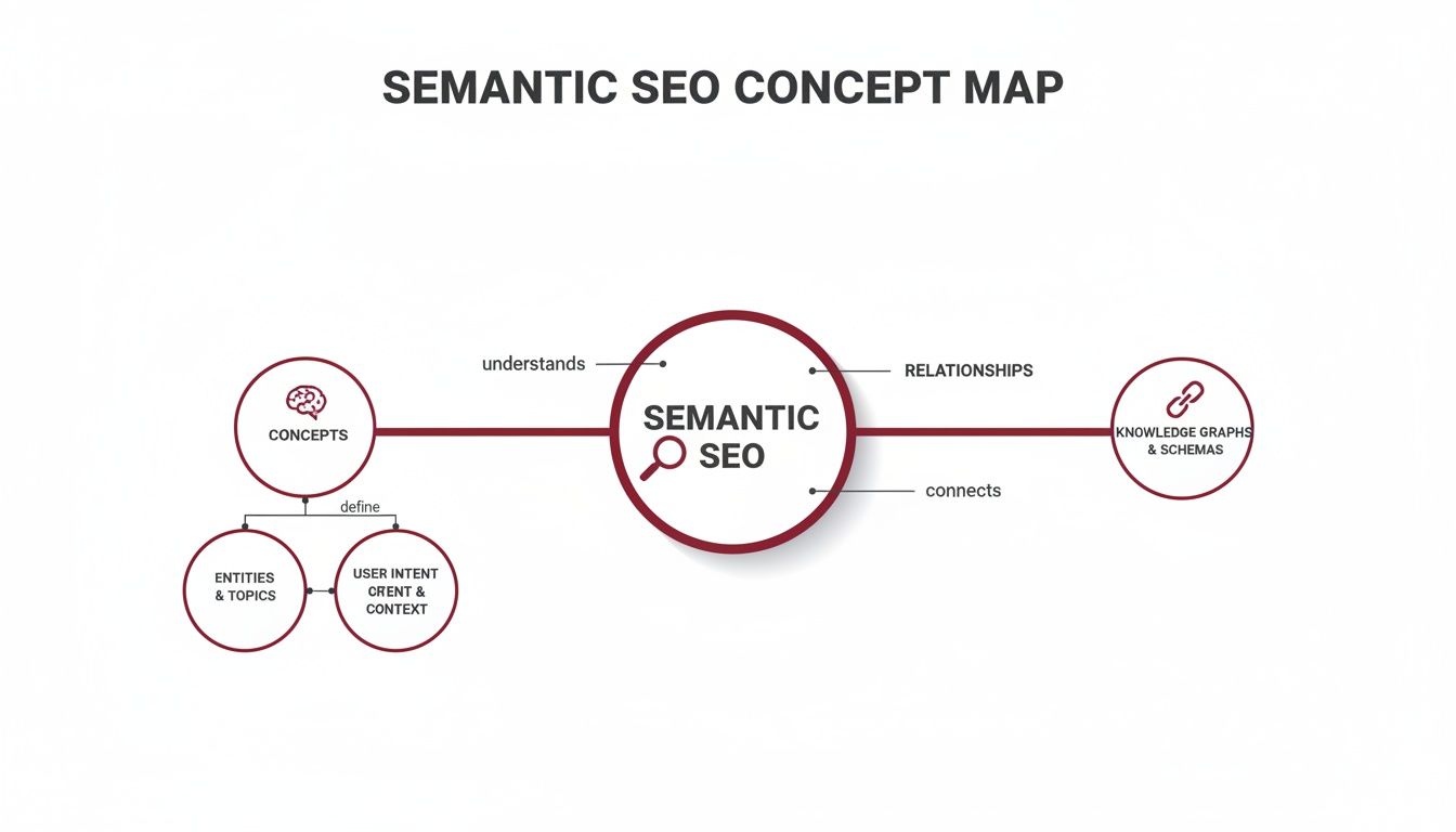 A concept map illustrating the core components and relationships of Semantic SEO.
