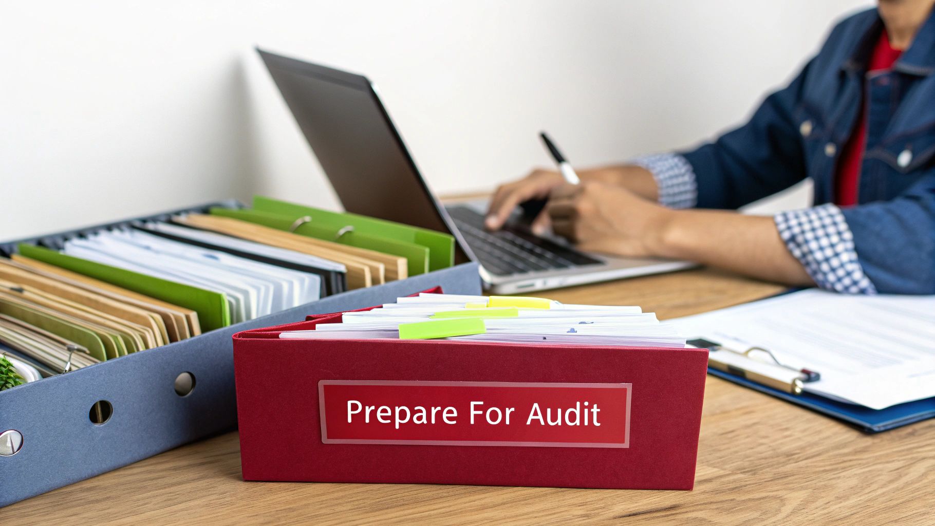 A person preparing for ISO 27001 audits works on a laptop with binders and a red box labeled "Prepare For Audit".